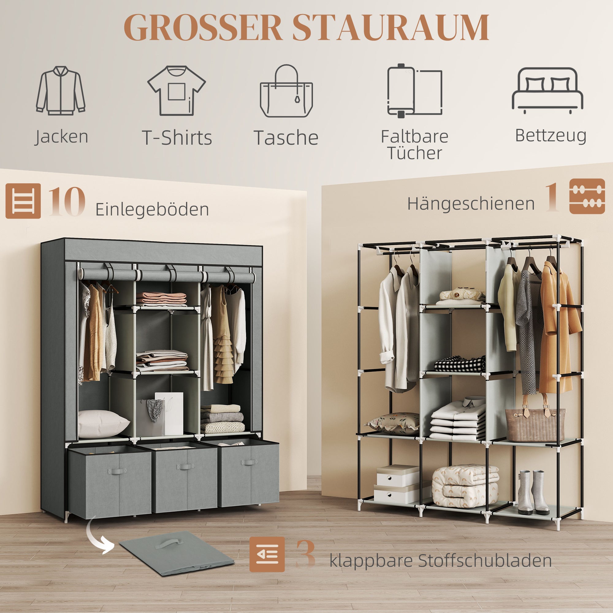 HOMCOM Stoffschrank aus Vlies, Faltschrank, inkl. 3 Schubladen, 125 cm x 43 cm x 162,5 cm, Hellgrau