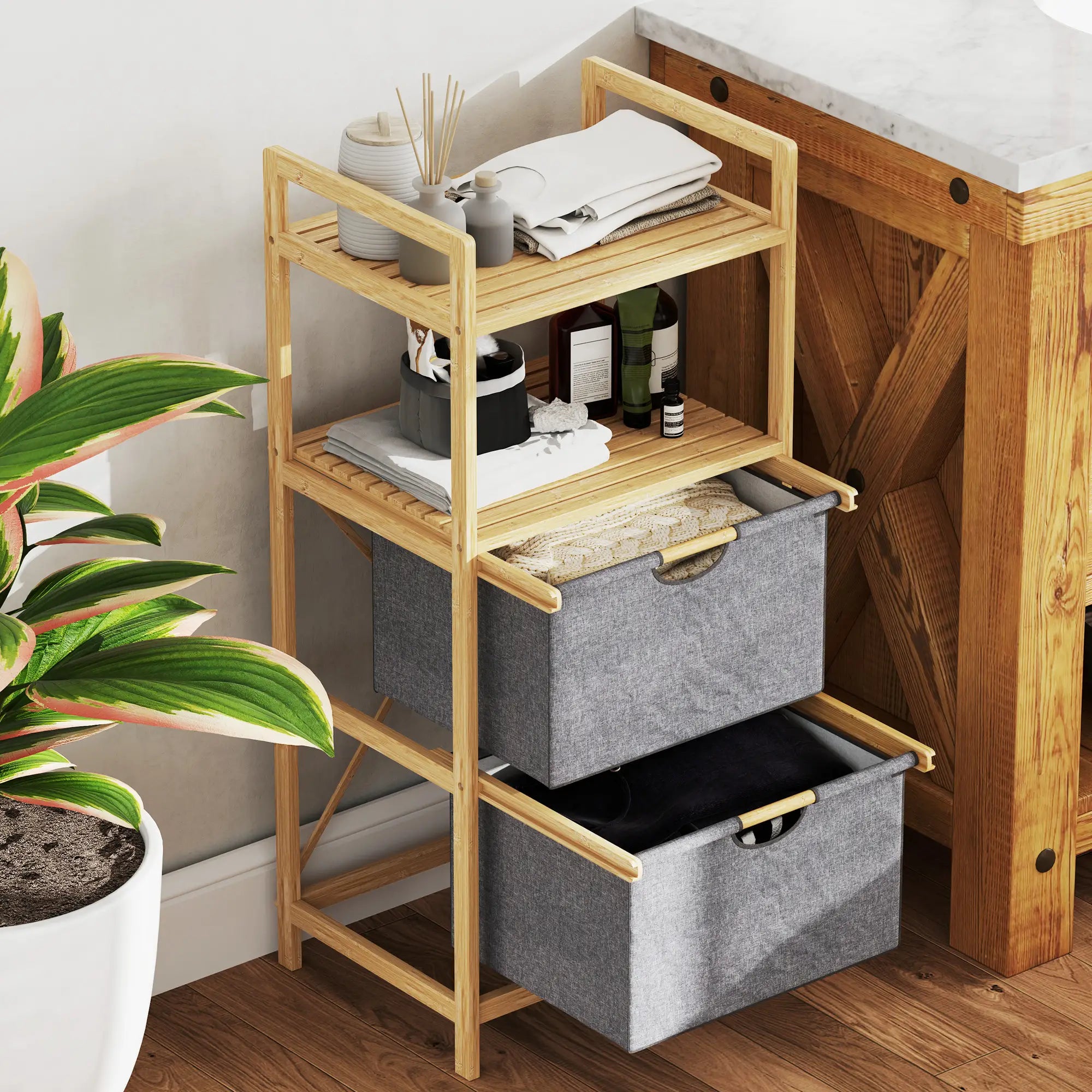 HOMCOM Bambus-Wäscheregal, mit 2 Wäschekörben aus Stoff, offene Ablagen, platzsparend, Naturholz