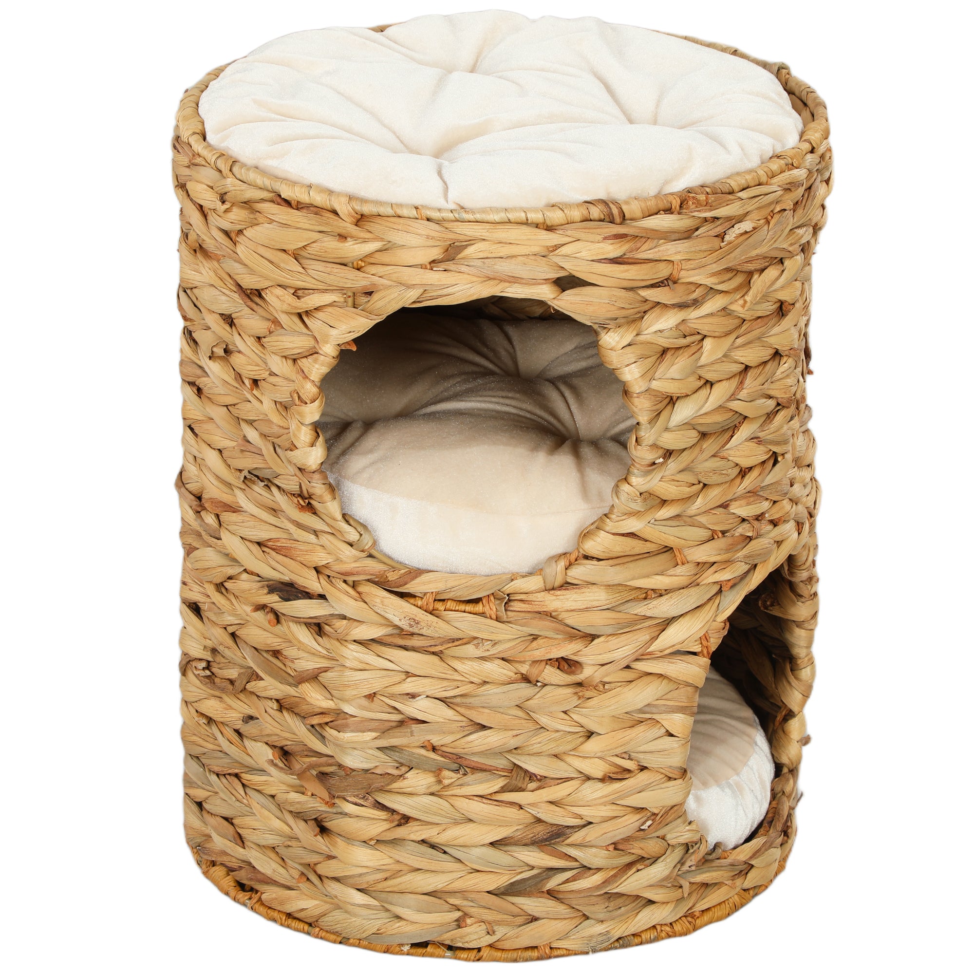 PawHut Kratztonne, 50 cm, 2 Höhlen, Kissen, Kratzbaum mit Katzenbett, Katzenturm aus Wasserhyazinthe, Hellbraun