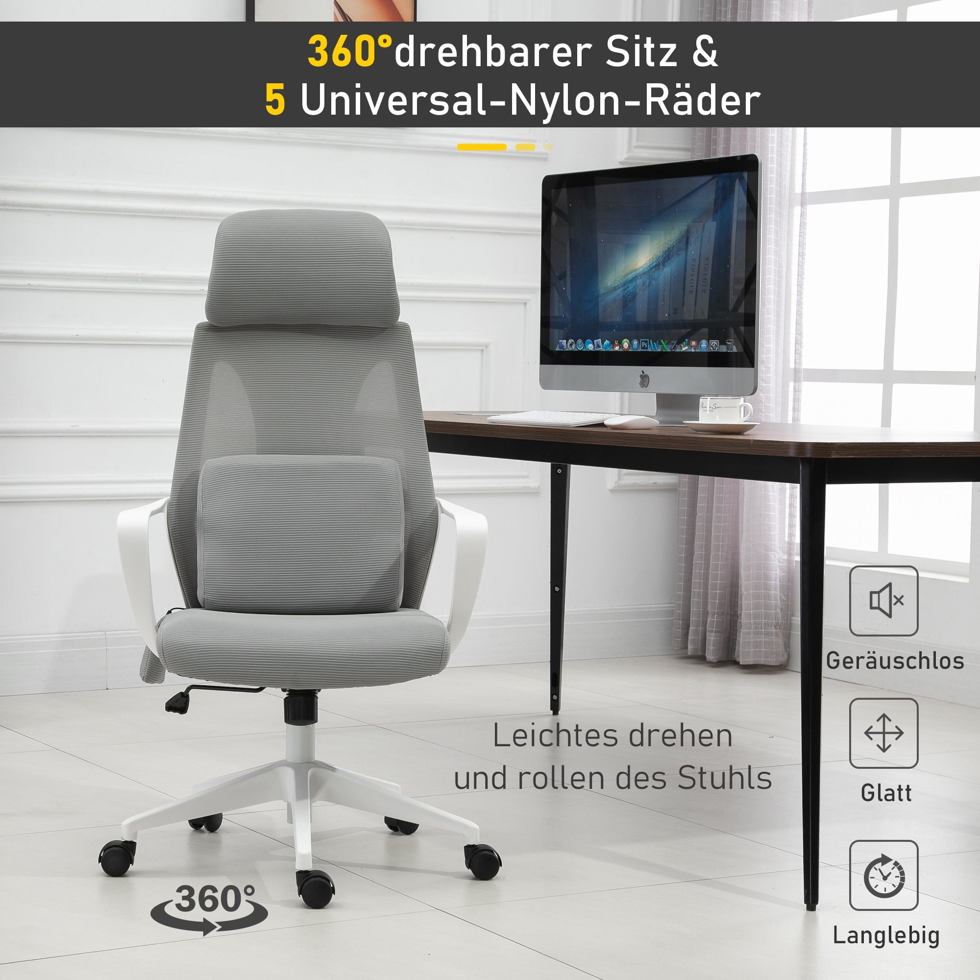 Vinsetto Bürostuhl höhenverstellbarer Drehstuhl Massagesessel ergonomischer Chefsessel mit Massagefunktion Gamingstuhl Nylon Grau 62 x 60 x 114-122 cm