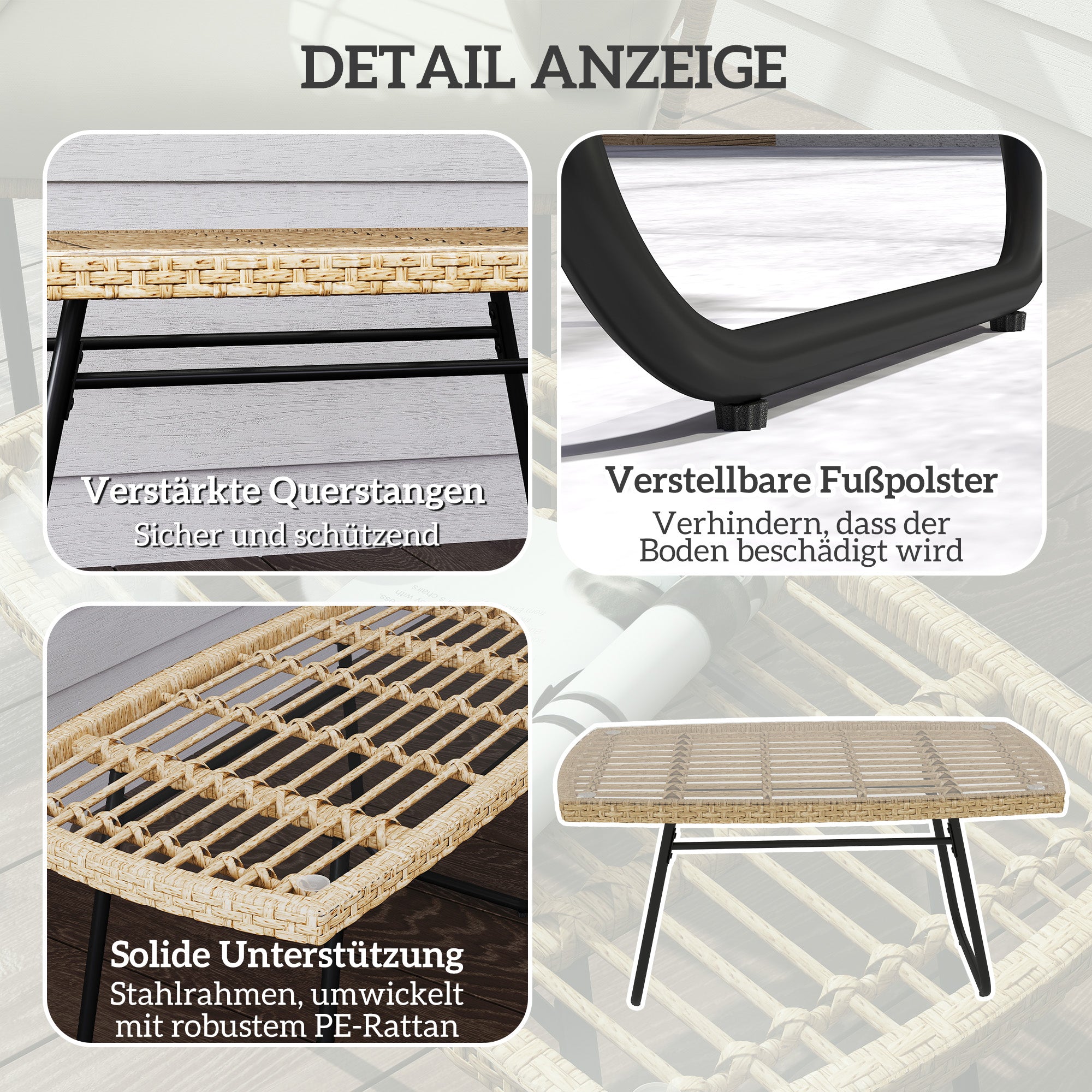 Outsunny Polyrattan Gartentisch, 90 x 50 x 45 cm, UV-beständig Beistelltisch mit Glasplatte Naturholz