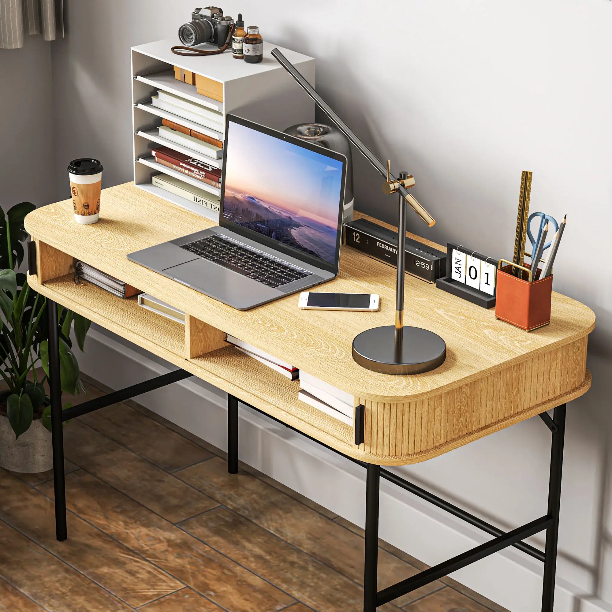 HOMCOM Schreibtisch mit Stauraum Lamellendekor Eiche