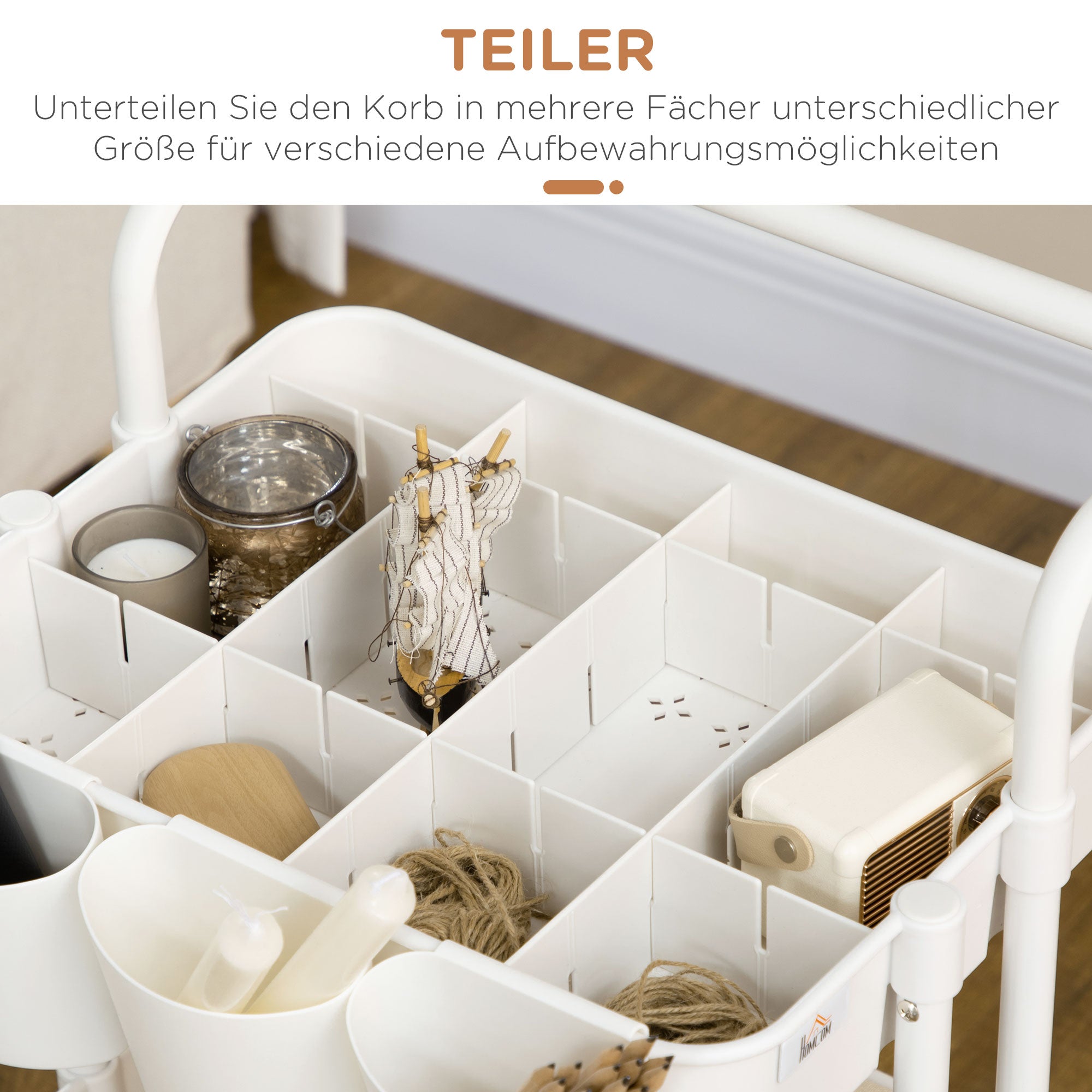 HOMCOM Rollwagen, Servierwagen, 3 Ablagekörbe, 3 Hängeboxen, 4 Haken, Metallrahmen, 42 x 38 x 86,5cm, Weiß