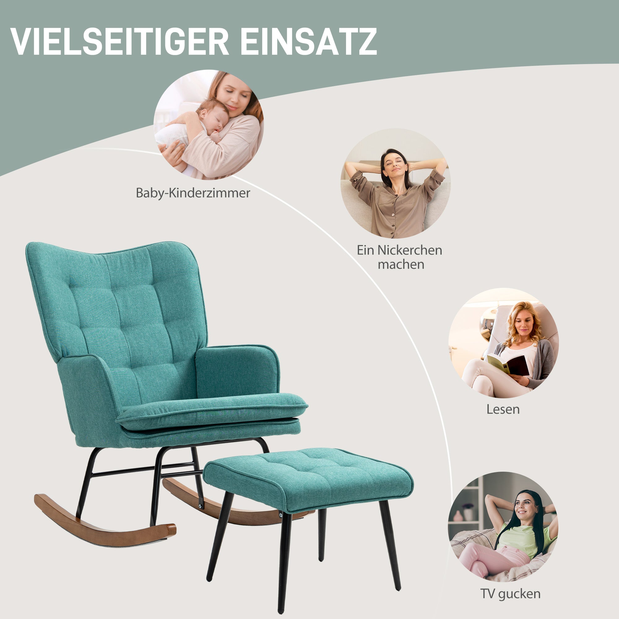 HOMCOM Schaukelstuhl mit Fußhocker, breite Sitzfläche, hohe Rückenlehne, Leinenimitat, Mintgrün