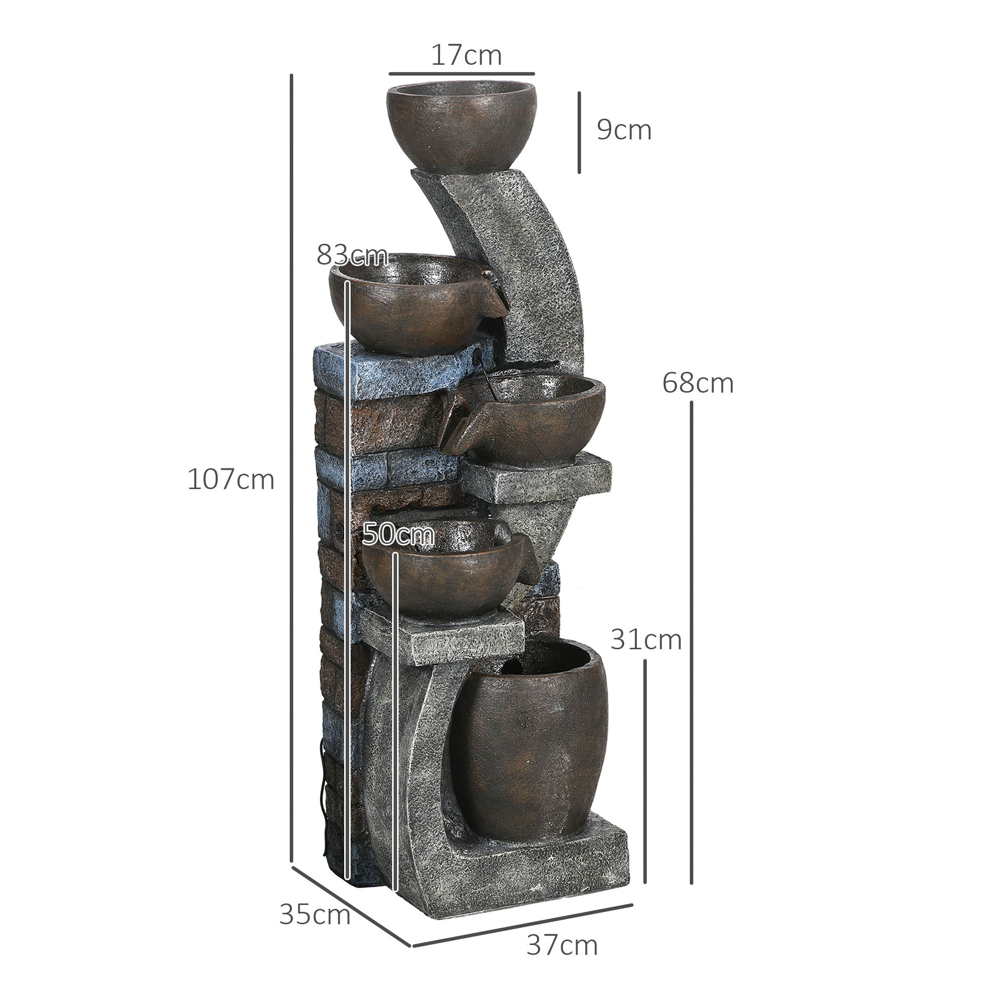 Outsunny Gartenbrunnen, Backsteinoptik, 5-stufig, Solarbetrieb, LEDs, 107cm, Kunstharz, Grau/Braun