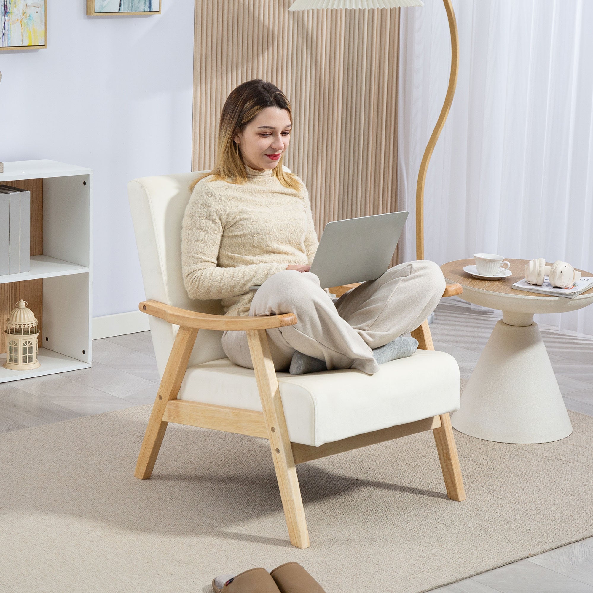 HOMCOM Polstersessel, Schaumstoff-Füllung, Kautschukholz-Rahmen, Cremeweiß