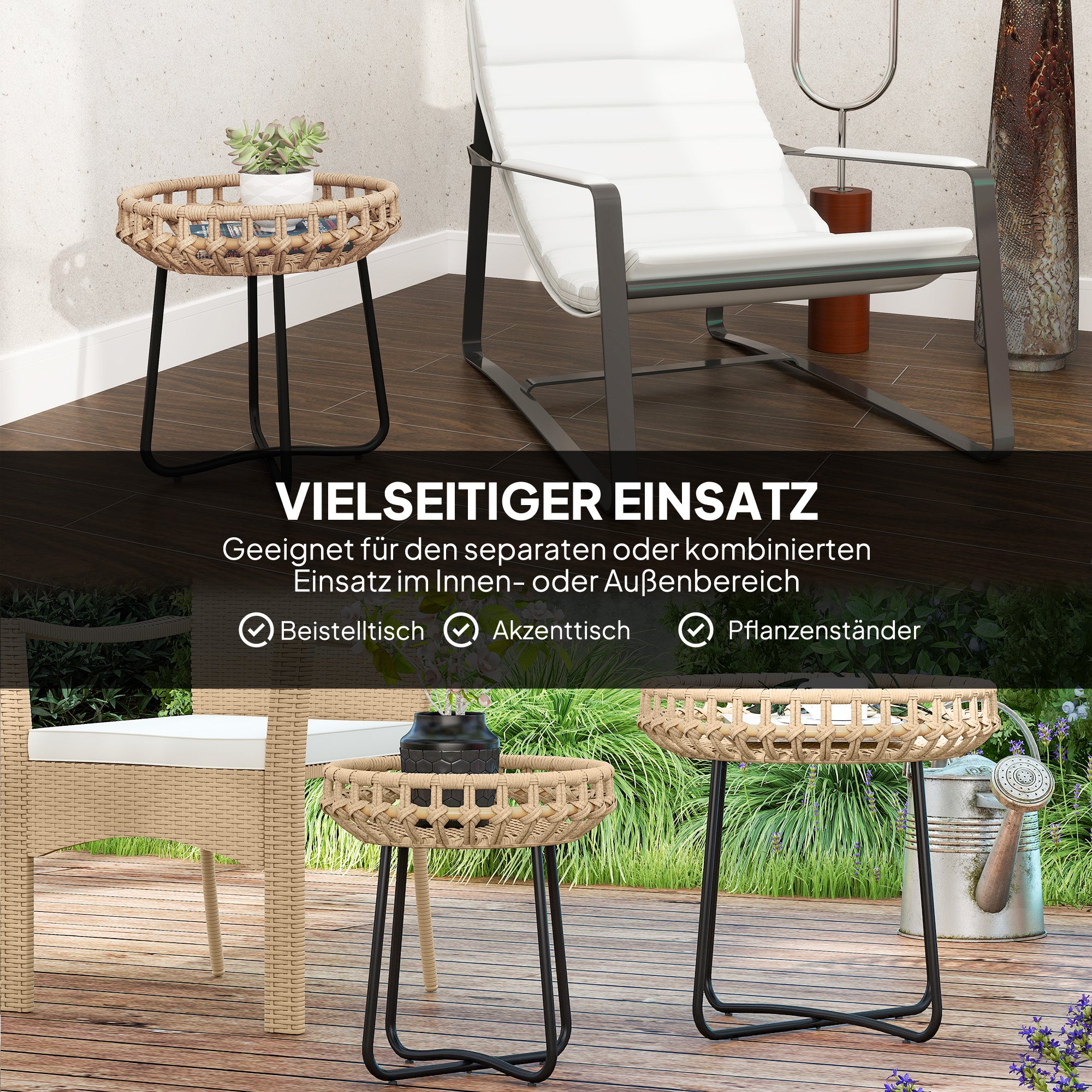 Outsunny 2er Set Beistelltisch Polyrattan Ø60/41 cm rund wetterfest Gartentisch mit X-Beine Verstellbare Fußpads Braun