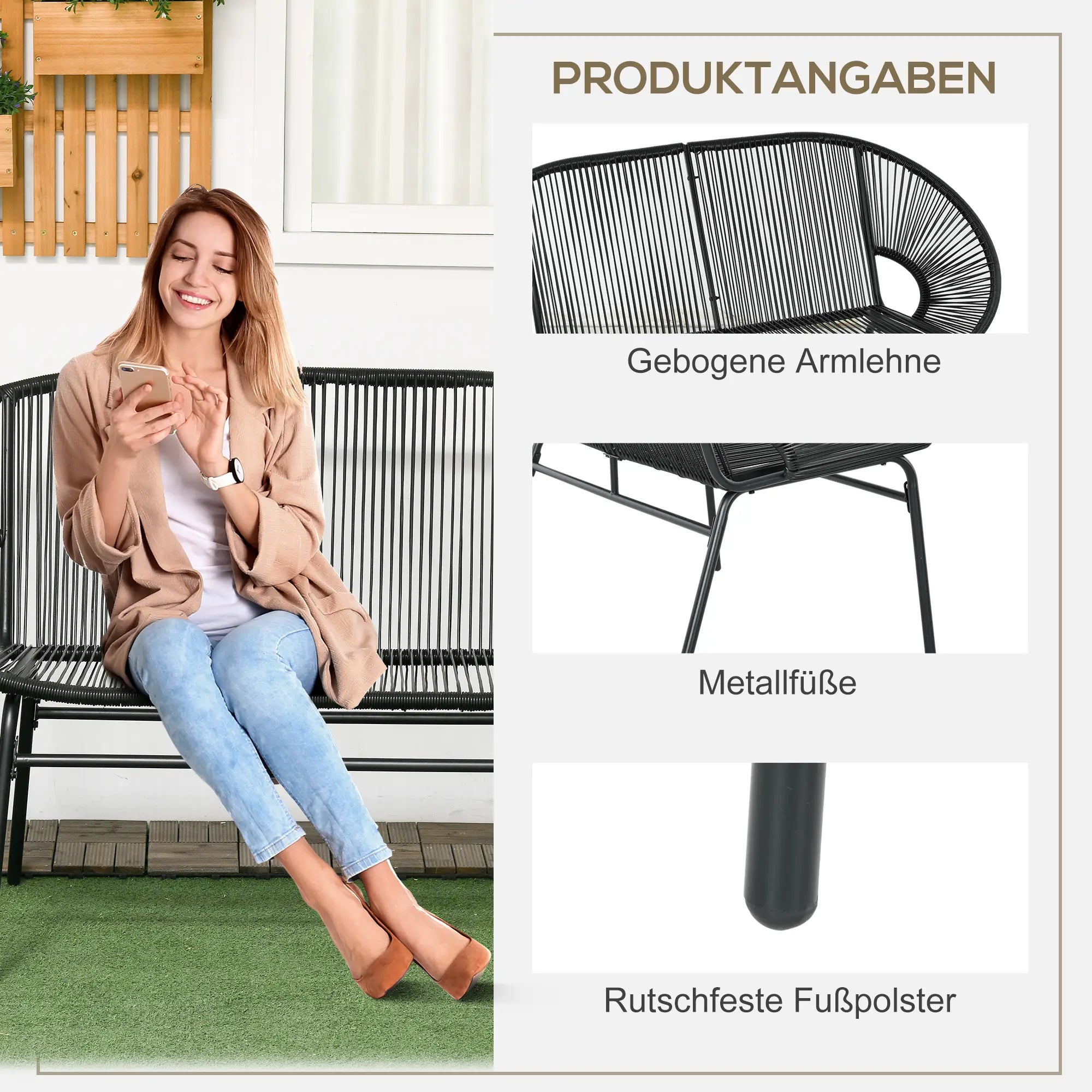 Outsunny Polyrattan Gartenbank 2-Sitzer Outdoor Balkon wetterfest