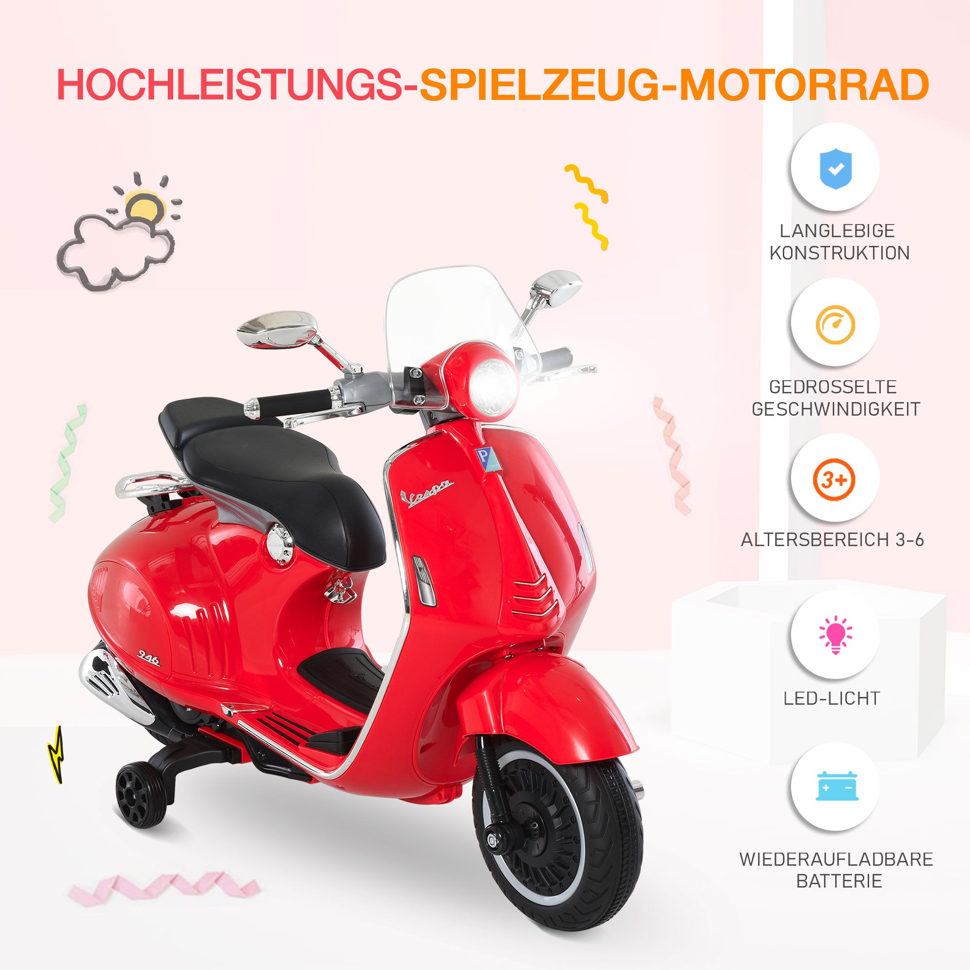 HOMCOM Kinder Elektro-Motorrad, 6V Kindermotorrad mit Scheinwerfer, Musik, Vor- und Rückwärtsgang, Trainingsräder, 30 kg belastbar, Elektromotorrad für 3-6 Jahre Kinder, Rot