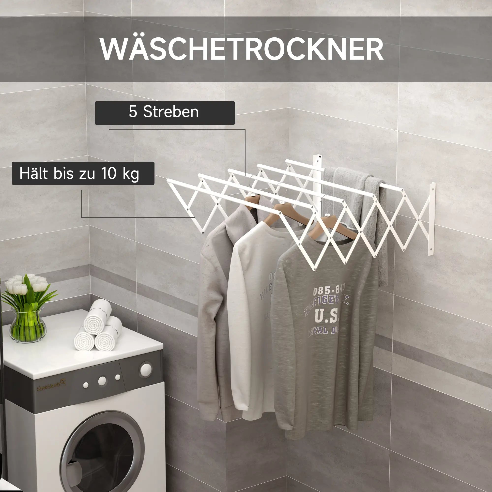 HOMCOM Wäscheständer für Wandmontage ausziehbar klappbar platzsparender Wäschetrockner, Wandwäschetrockner für Innen und Außen, Weiß, 63,5 x 60 x 20 cm