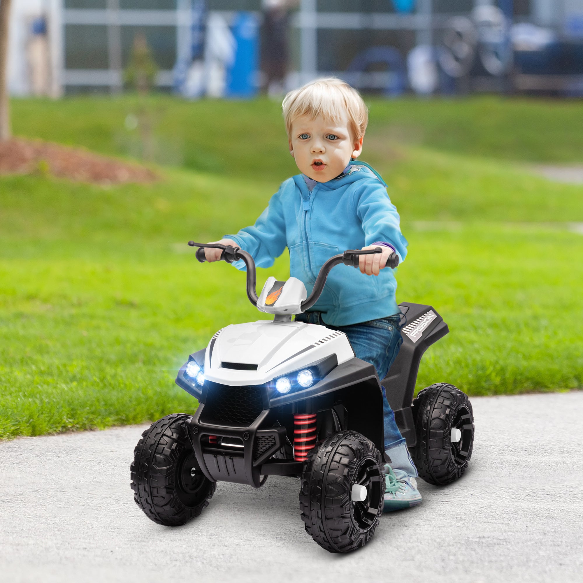 AIYAPLAY Elektro-Kinderquad, Licht & Musik, Federung, 5 km/h, 50 Min. Fahrzeit, für 3-5 Jahre, Weiß