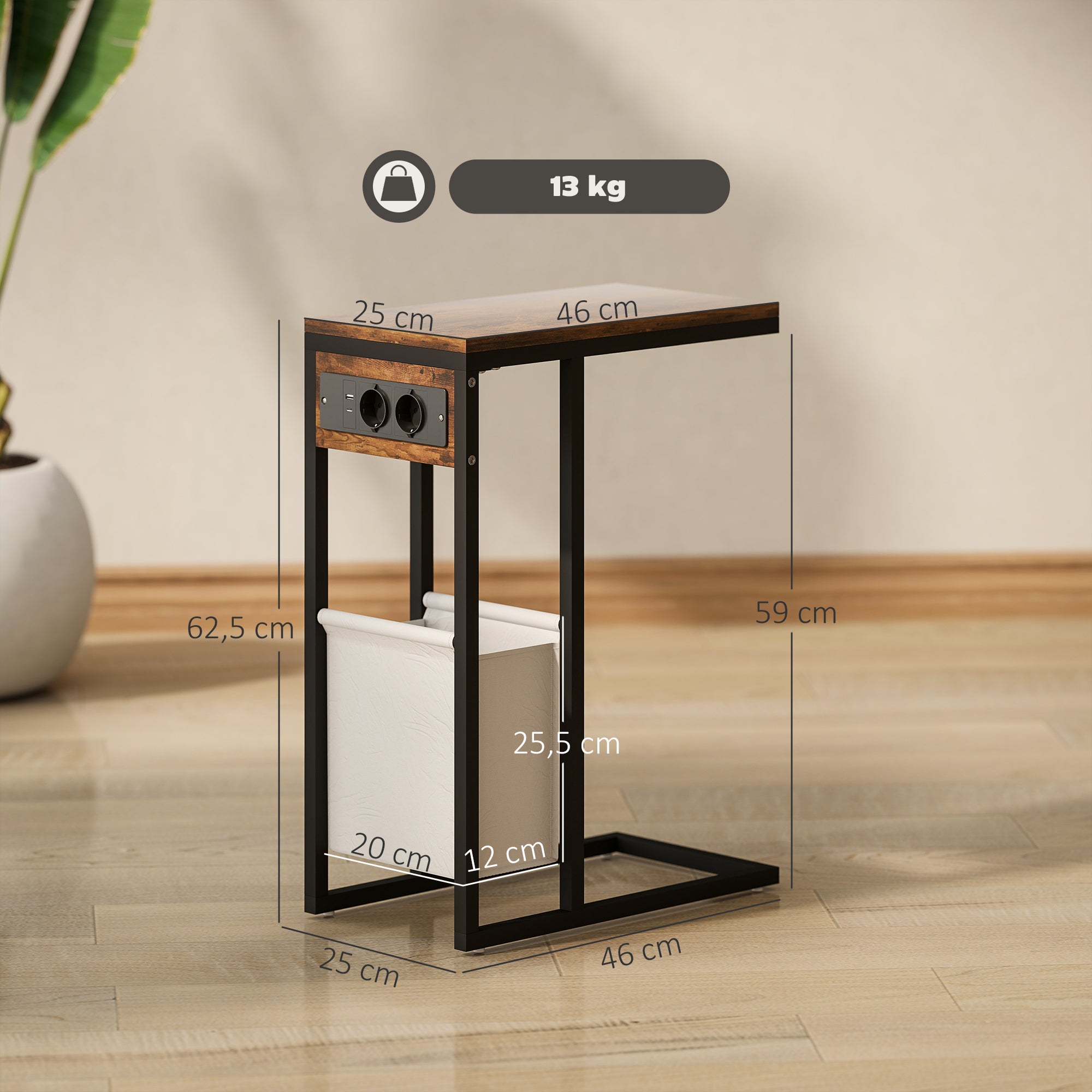 HOMCOM Beistelltisch mit Steckdosen, USB-Anschlüssen, Kabel, C-förmiges Design