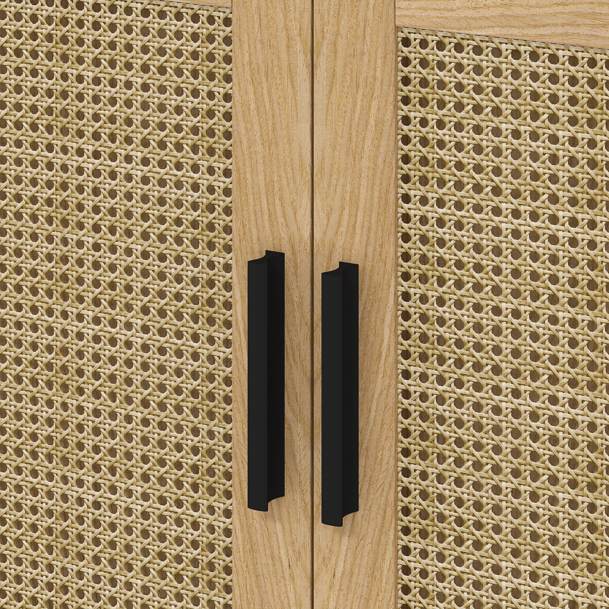 kleankin Badezimmerunterschrank, im Boho-Design, Badezimmerschrank, Rattan-Elemente, mit U-Ausschnitt, Eiche