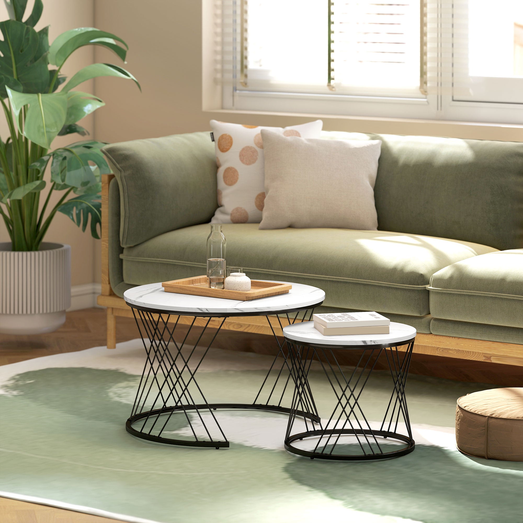 HOMCOM Couchtische im 2er-Set, Marmoroptik, Spanplatte, Metall, runde Kaffeetische für Wohnzimmer, ineinanderstellbar, Weiß