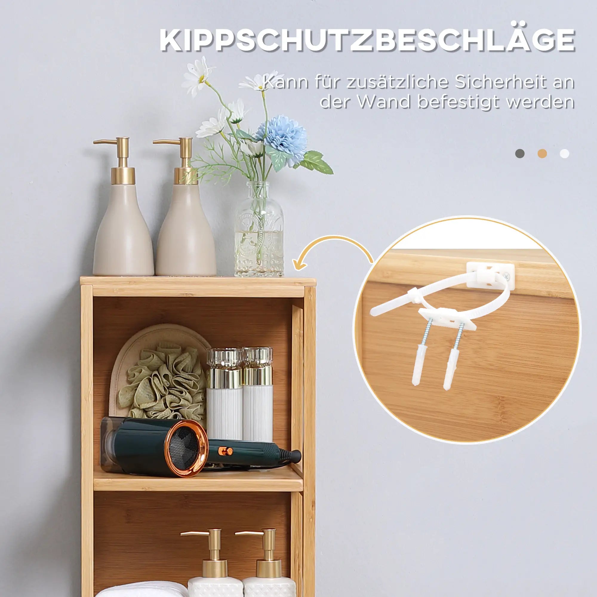 kleankin Badezimmerschrank, 3 Regale, 2 Schubladen, Bambus, 30 cm x 30 cm x 140 cm, Natur