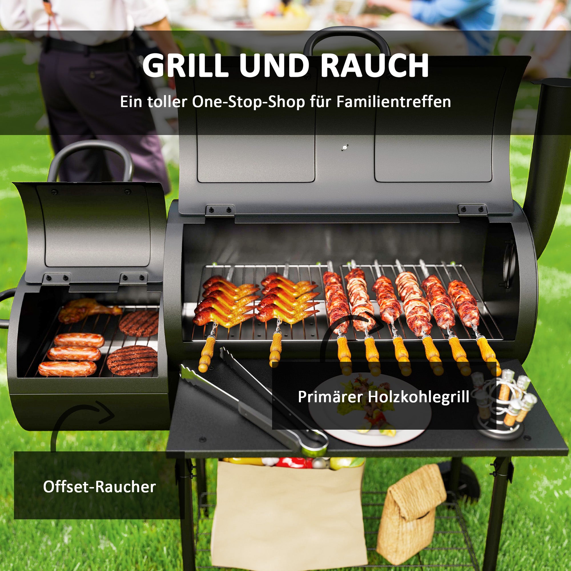 Outsunny Holzkohlegrill aus Stahl BBQ Smoker mit Deckel Thermometer Räder Luftzufuhr Kohlewanne