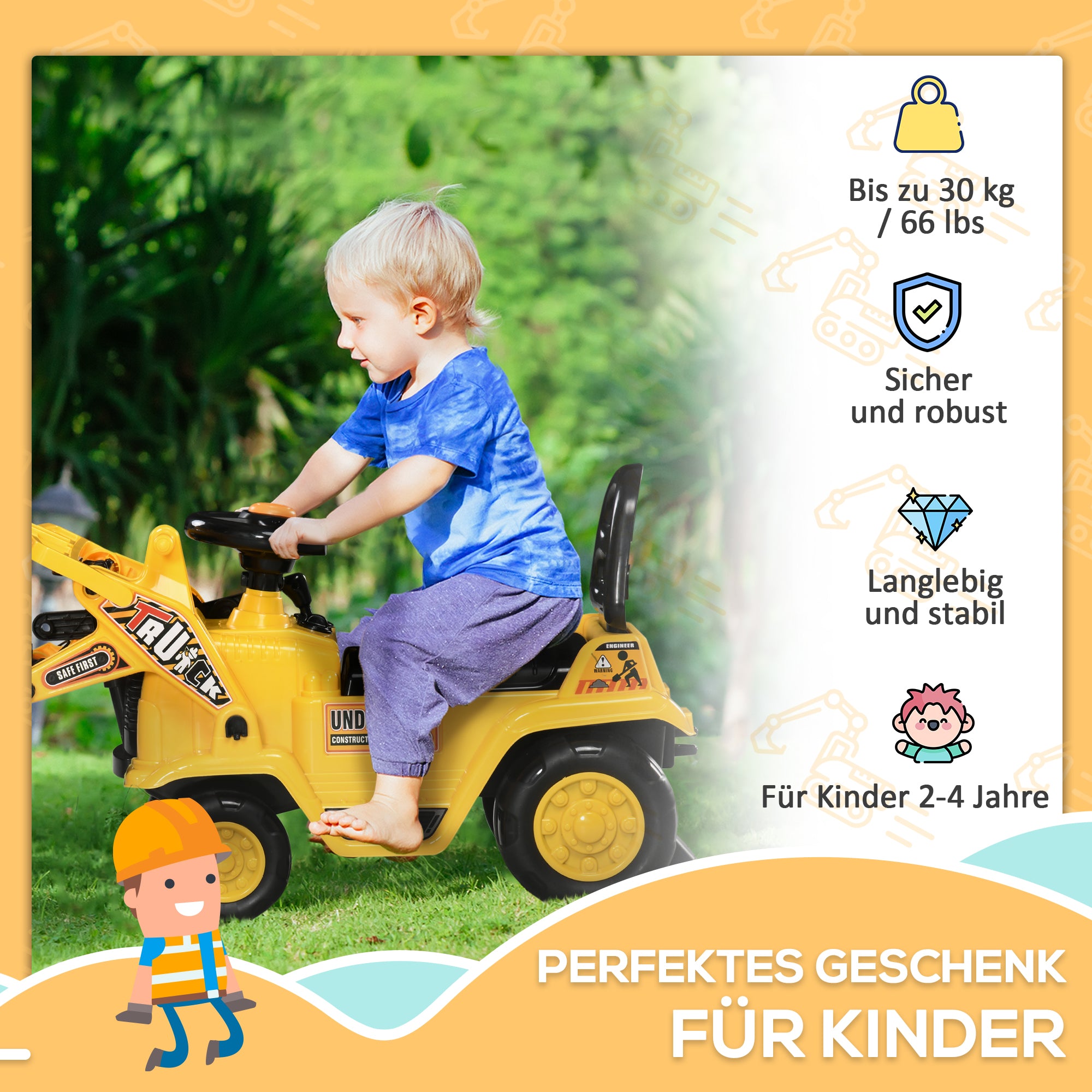 HOMCOM Aufsitzbagger, mit Kralle, Hupe, Sound-Effekten, Stauraum, Kippschutz, für Kinder 2-4 Jahre