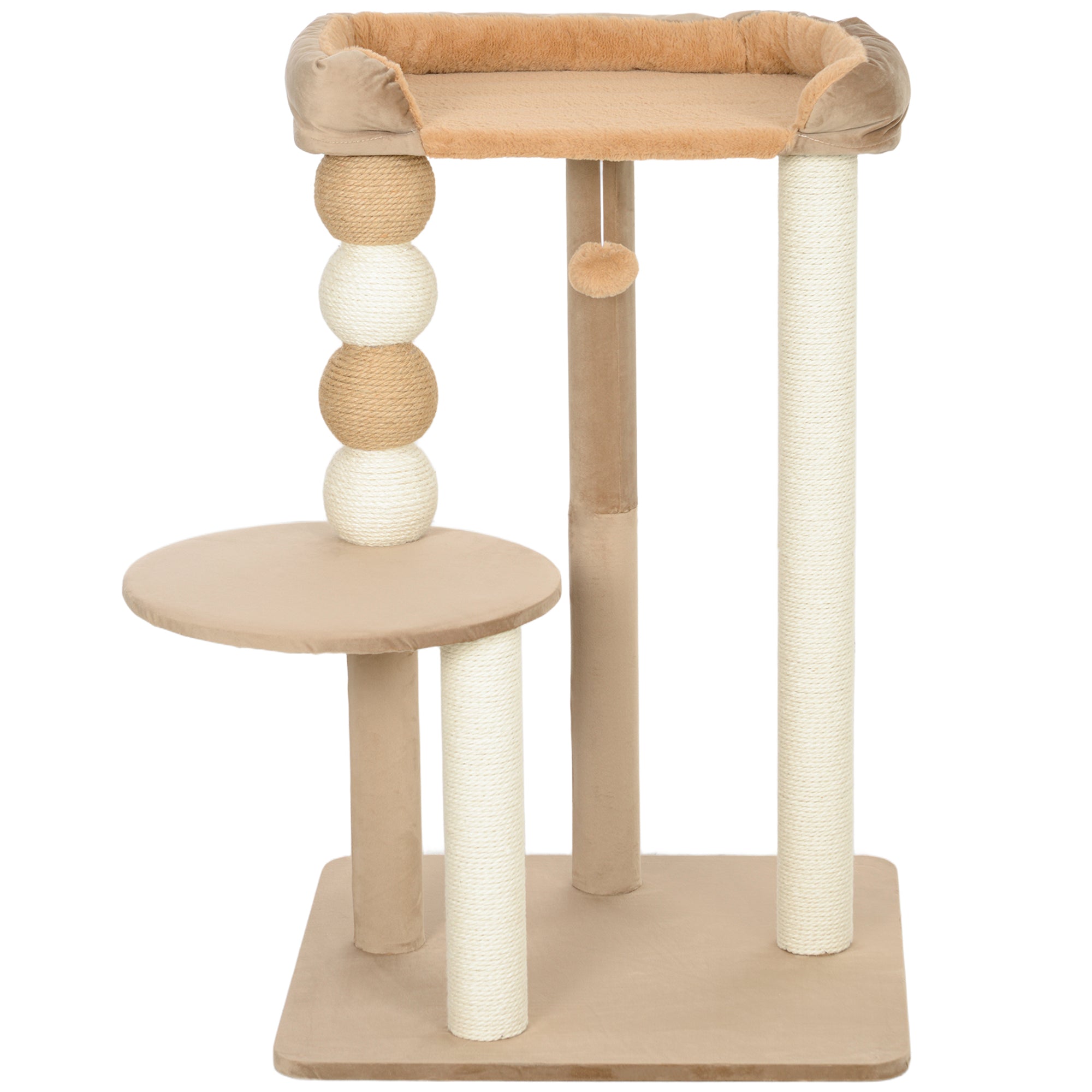 PawHut Kratzbaum mit 2 Etagen, Spielball, Kratzstämmen, Kratzkugeln, bis 7 kg, 56 x 54 x 86 cm, Braun