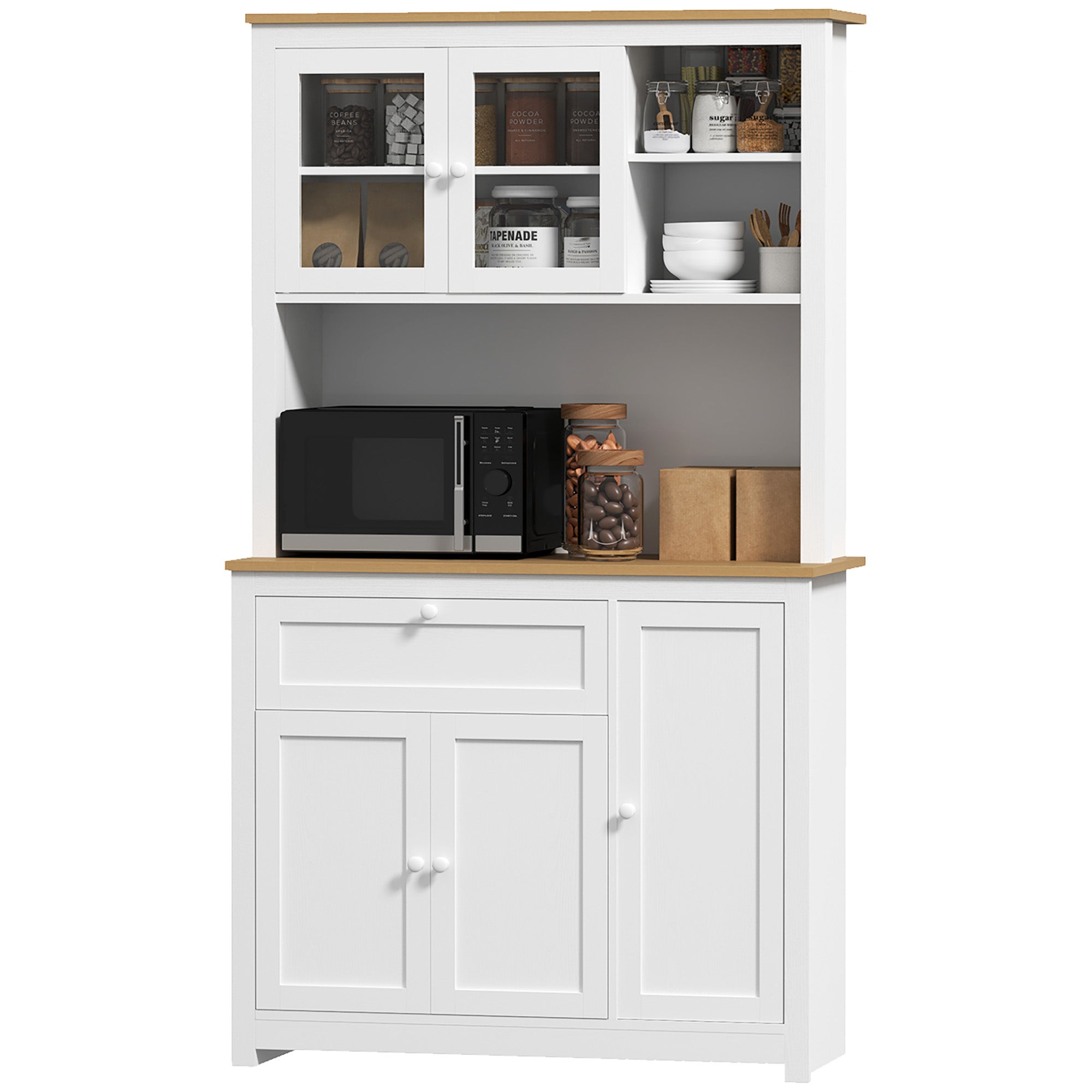 HOMCOM Küchenschrank im Landhausstil, 1 Vitrine, 1 offenes Regal, 1 Schublade, 2 Schränke, Natur + Weiß
