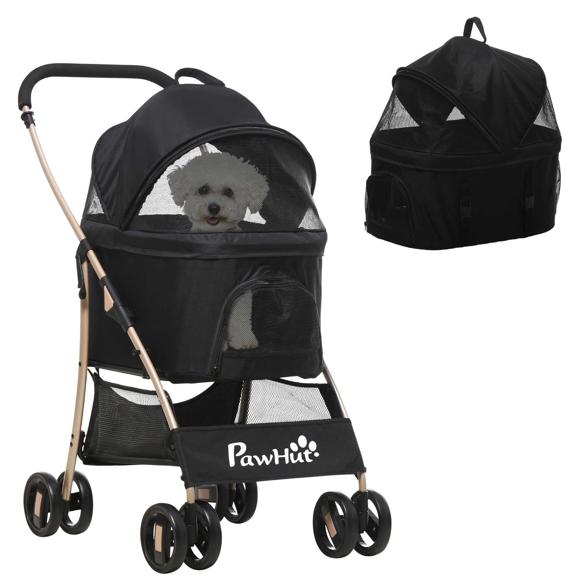 PawHut 2-in-1 Hundewagen und Transportkorb bis 10 kg Klappbar Netzfenster Bodenkorb 82 cm x 49,5 cm x 98 cm Schwarz