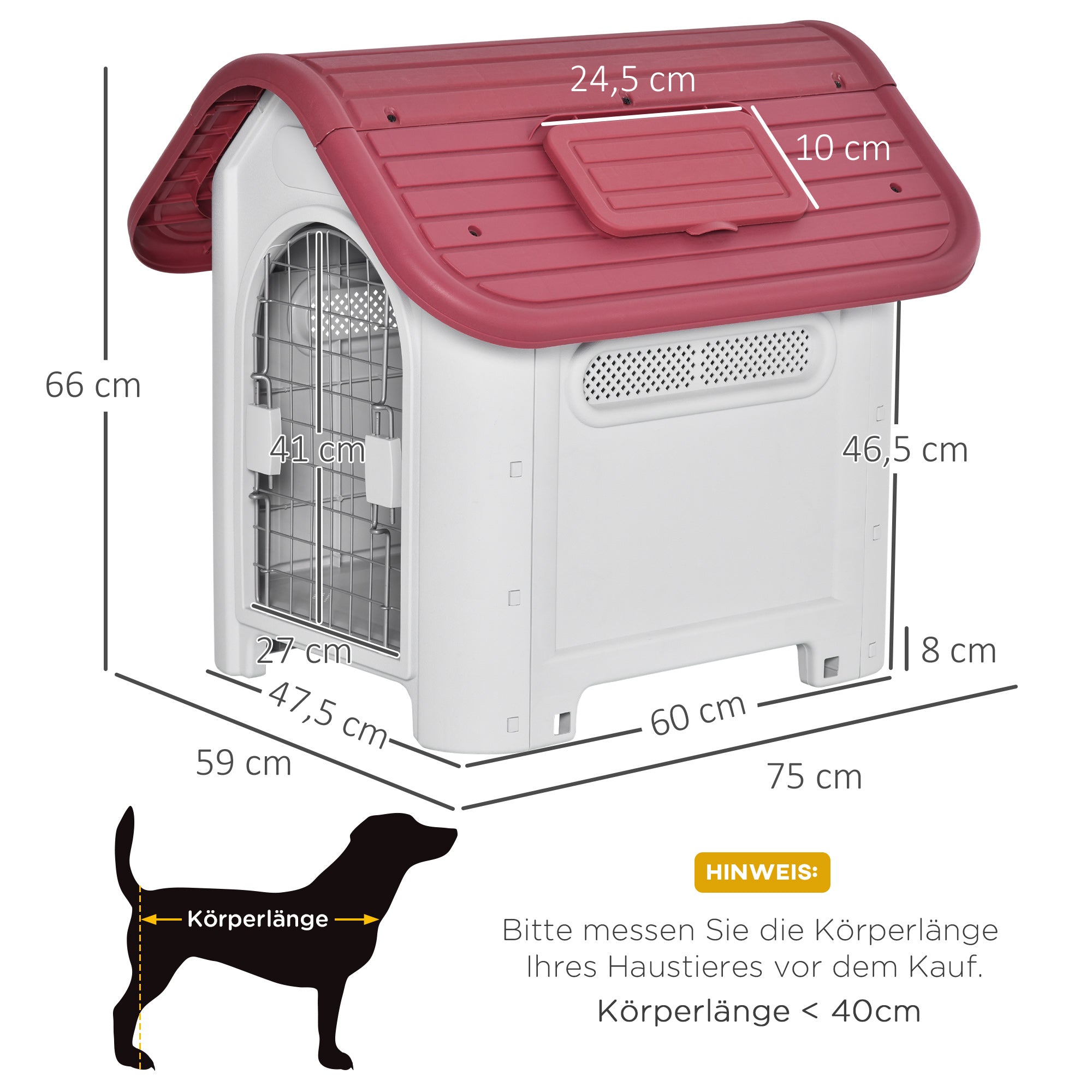 PawHut Hundehütte Outdoor Hundehaus mit Dachluke Tor Unterschlupf für kleine Hunde Kleintierstall Luftzirkulation wasserdicht Metall Kunststoff Rot+Hellgrau 59 x 75 x 66 cm