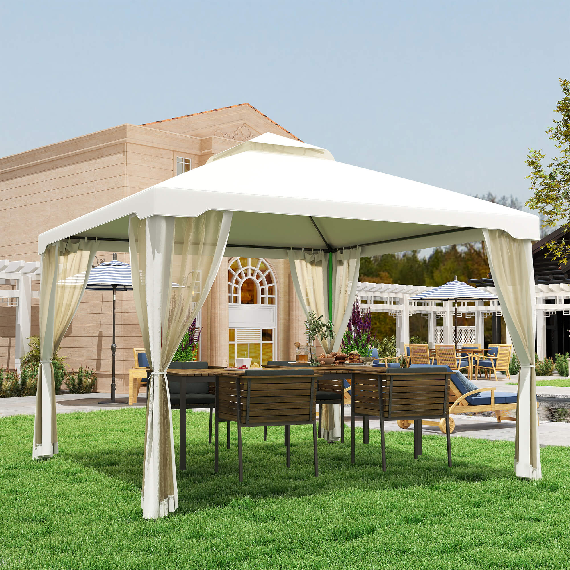 Outsunny Pavillon mit Doppeldach, ca. 3x3 m Wasserdicht Stabil Winterfest Gartenpavillon mit Moskitonetz, Seitenteile, Garten-Pavillon aus Metall, für Garten, Terrasse, Cremeweiß
