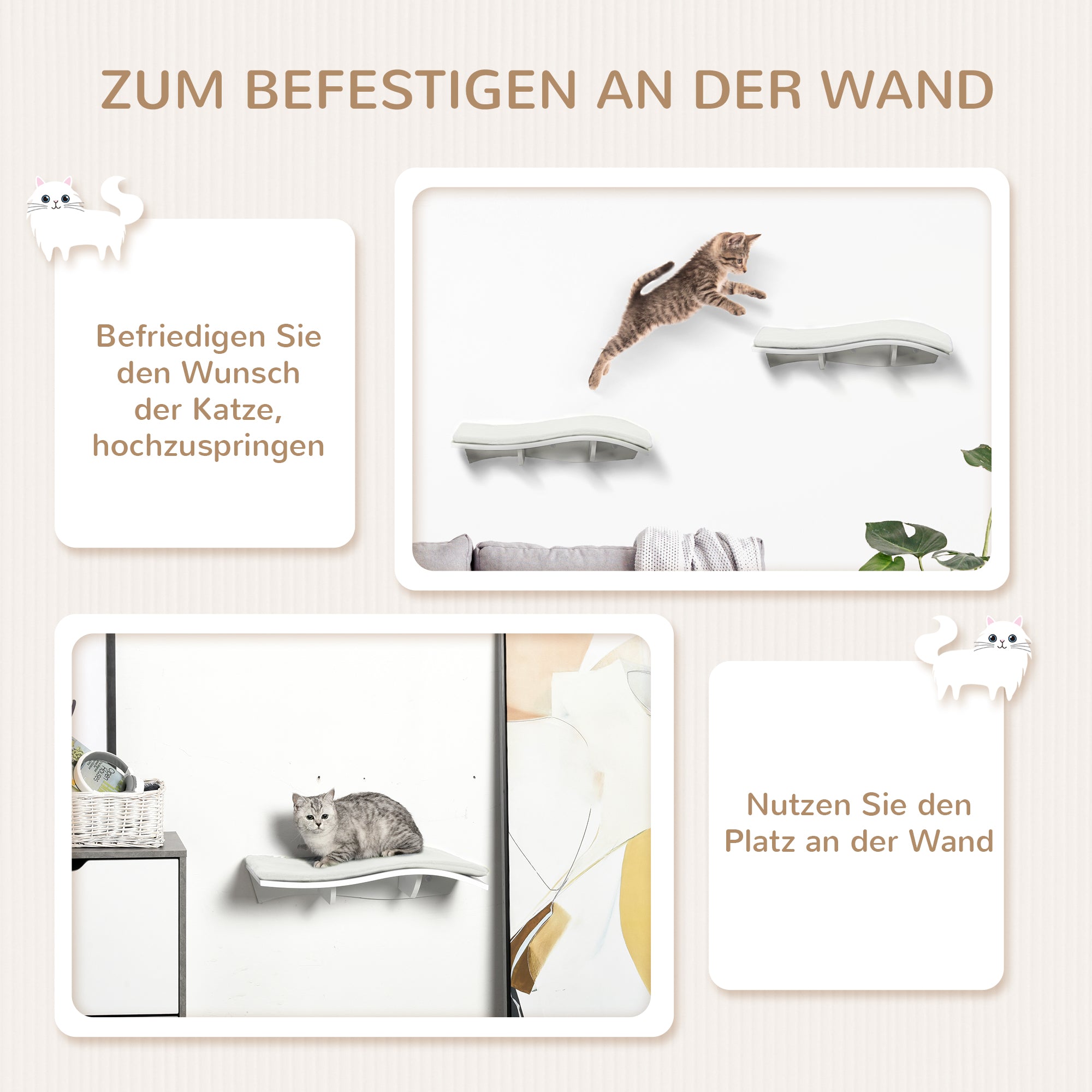 PawHut Katzen Kletterwand Katzenhängematte Katzenbett Wand Katzenregal Wandmontage Katzenmöbel Plüsch MDF Weiß 53 x 28 x 12 cm