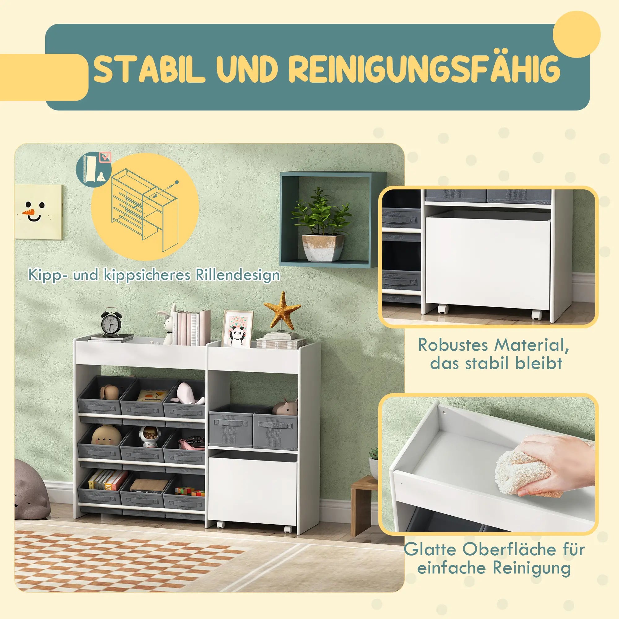 AIYAPLAY Kinderregal mit 11 Stoffboxen & Schrankfach, Weiß