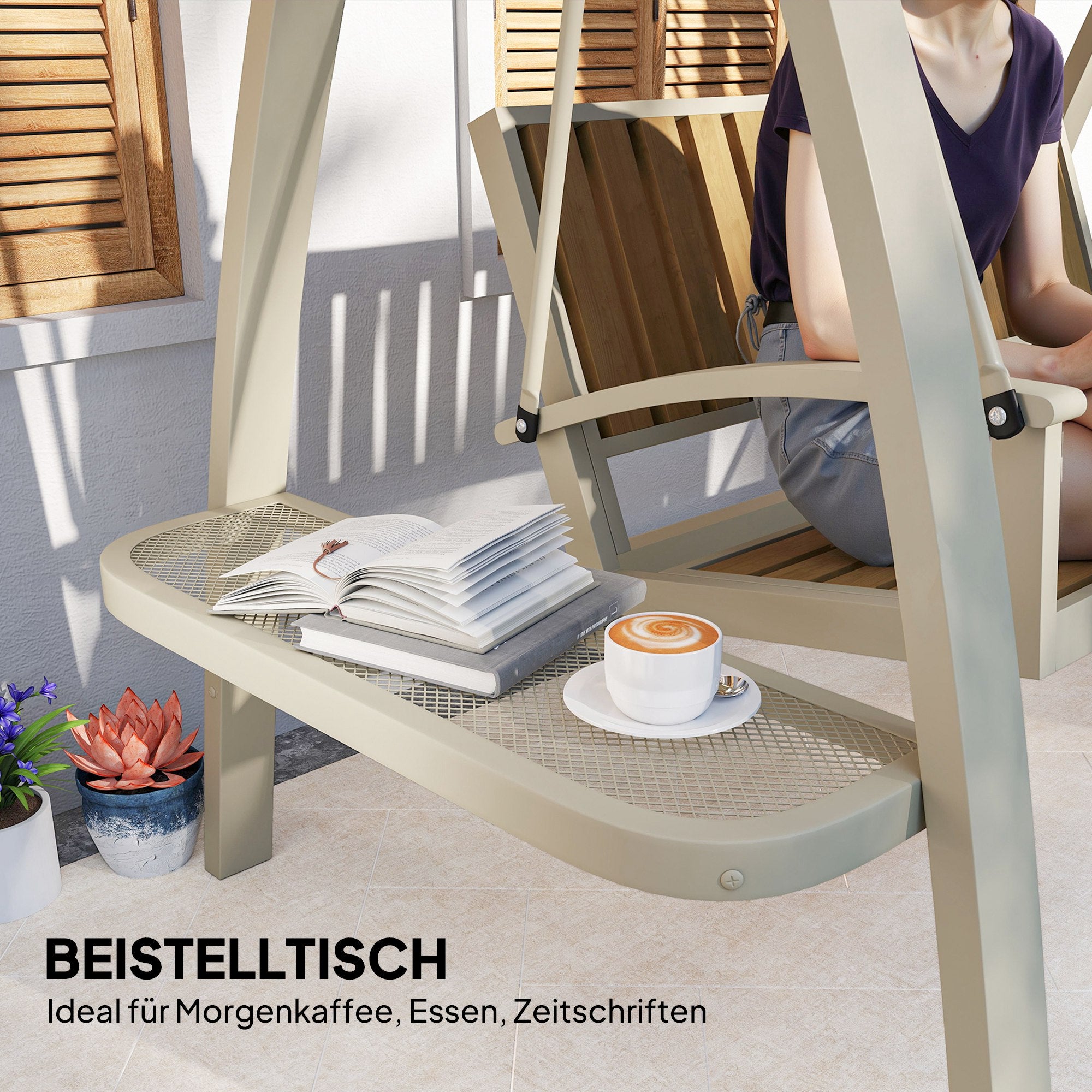 Outsunny Hollywoodschaukel 2-Sitzer Gartenschaukel mit verstellbarem Sonnendach, Seitentisch 200 x 120 x 190cm, Beige