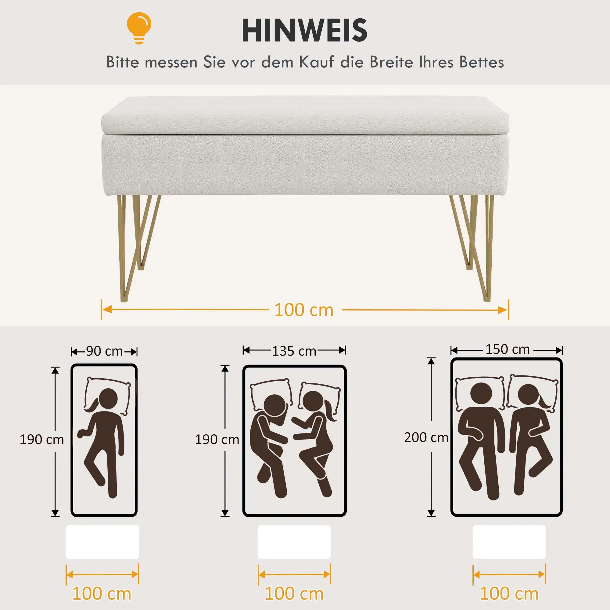 HOMCOM Bettbank mit Stauraum, dicke Polsterung, atmungsaktiver Stoff, Stahlfüße, 100x40x49 cm, Creme