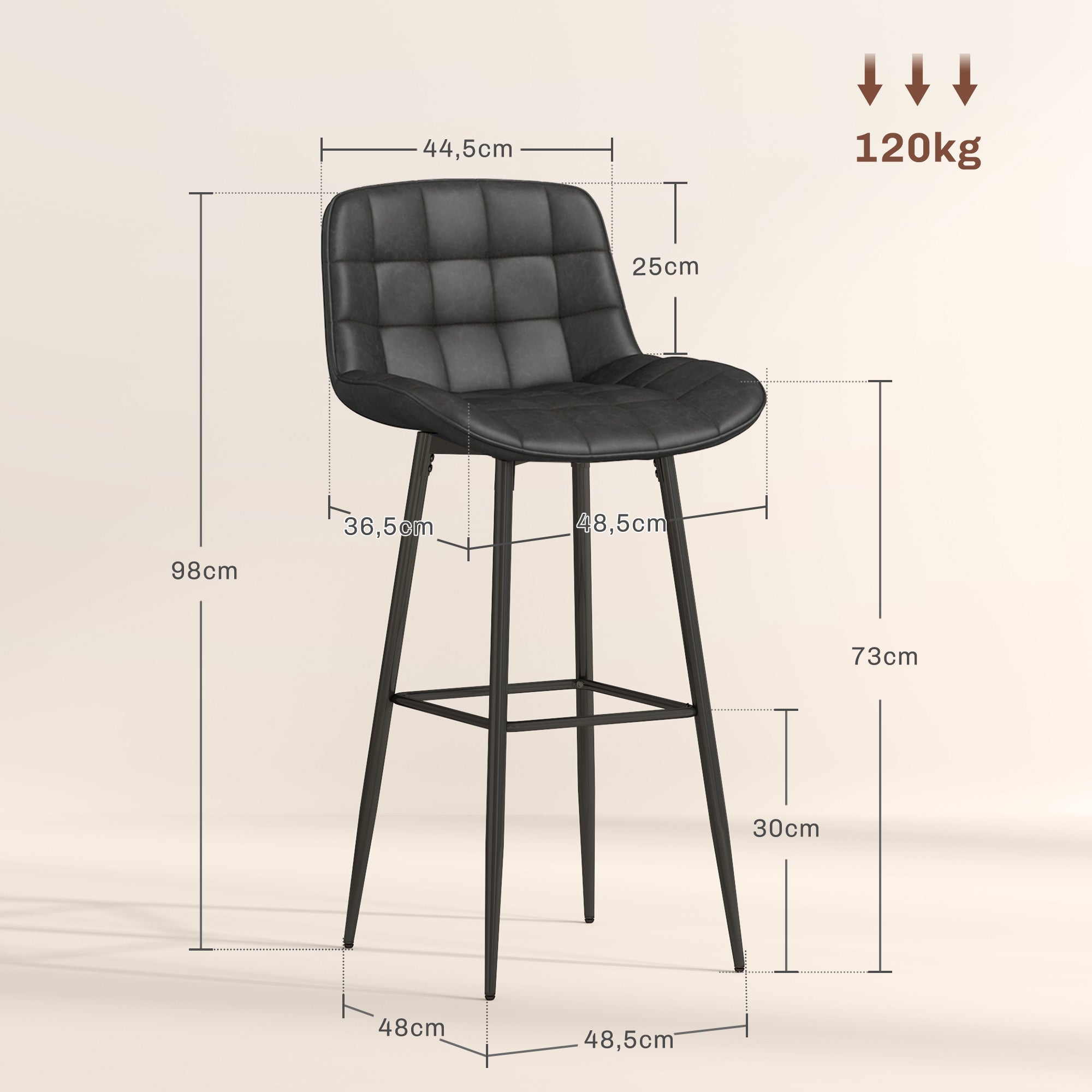 HOMCOM Barhocker im 2er-Set, schöne Steppung, Kunstlederbezug, 98 cm, bis 120 kg, Anthrazit