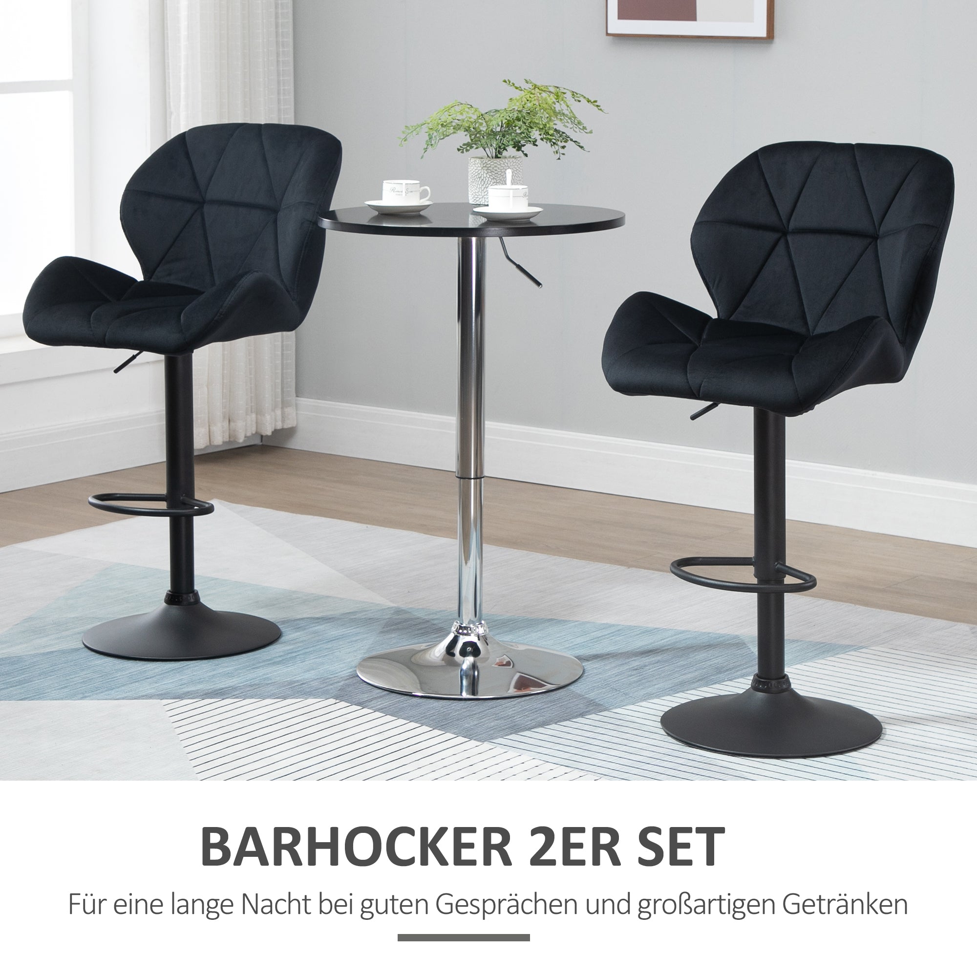 HOMCOM 2er-Set Barhocker drehbare Barstühle mit Lehne höhenverstellbarer Bistrohocker Tresenhocker Samt Touch armloser Schaumstoff Schwarz 51,5x 57,5 x 93-114,5 cm