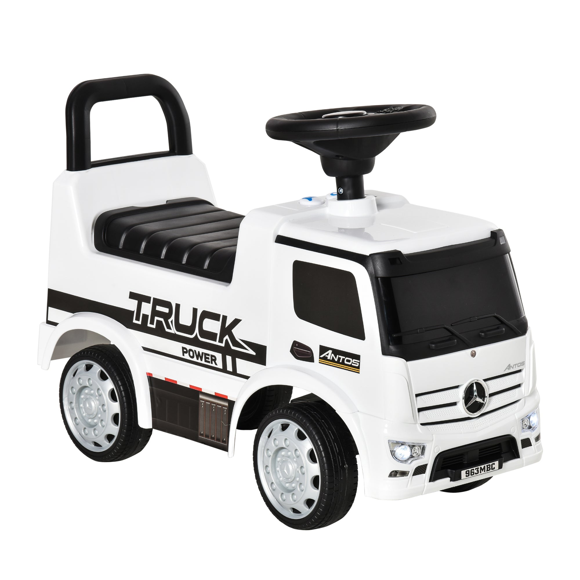HOMCOM Rutscherfahrzeug Rutscherauto Babyrutscher Kinderfahrzeug lizenziert von Mercedes ANTOS-LKW-Stil mit Licht für Kinder von 12 bis 36 Monaten Metall PP-Kunststoff Weiß+Schwarz 62,5x28,5x45cm