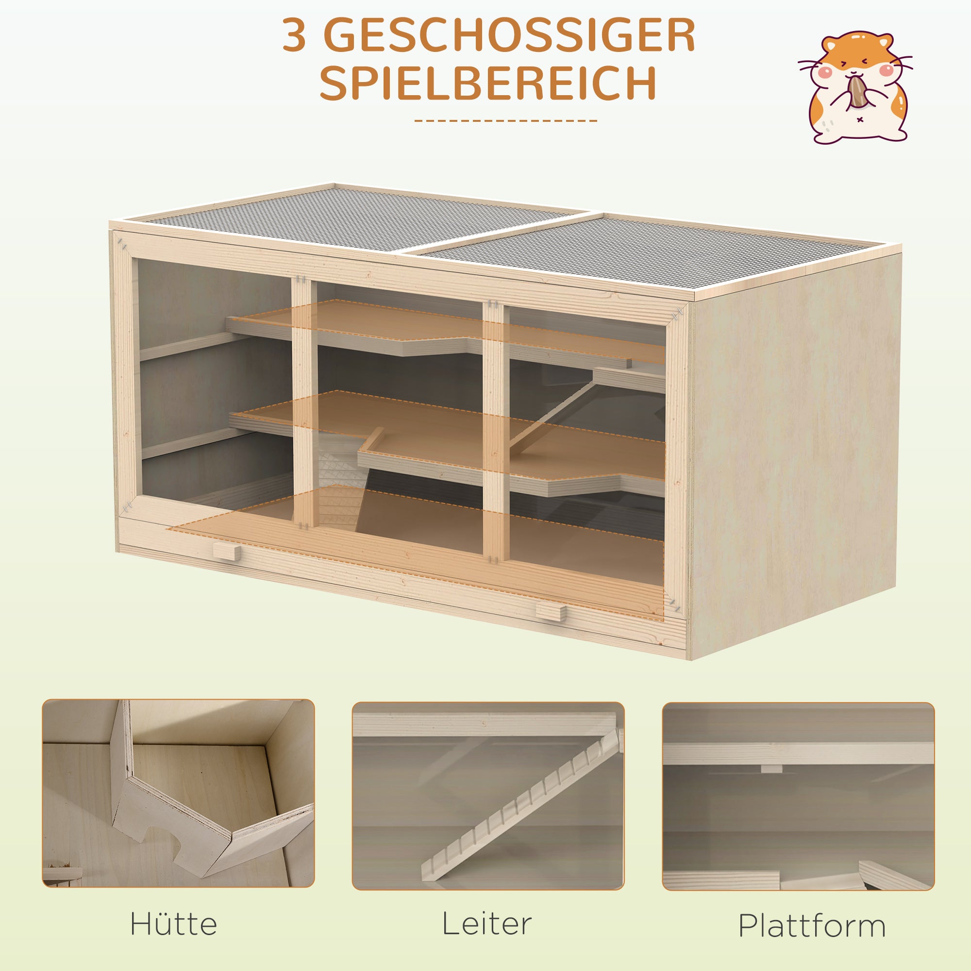 PawHut Hamsterkäfig aus Holz 3 Etagen Nagerkäfig mit reinigbar Ablage Kleintierkäfig mit klappbarem Deckel Treppen Holzkäfig Käfig für Hamster Zwerghamster 115 x 57 x 55 cm Naturholz
