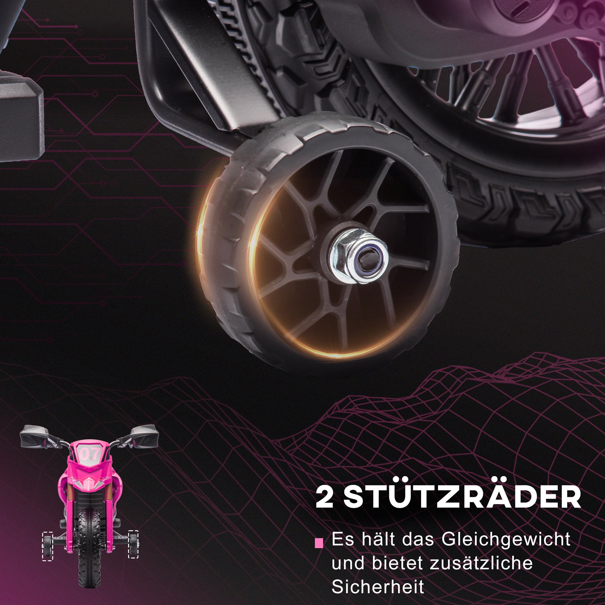 AIYAPLAY Elektro-Motorrad für Kinder, 12V Kindermotorrad mit Stützrädern, Kinderfahrzeug mit Hupe und Startgeräusch, 3 km/h, Rosa