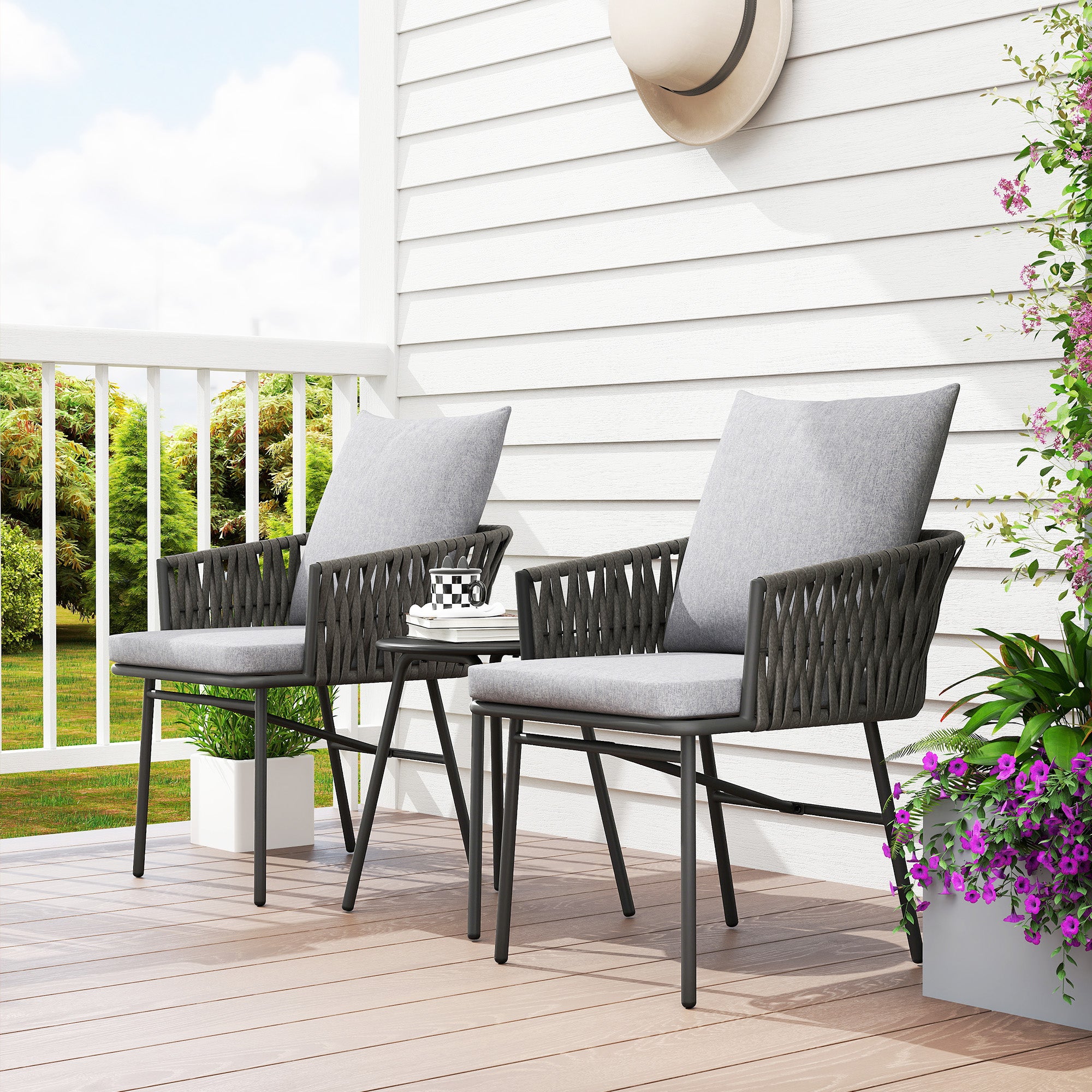 Outsunny 3-teiliges Außenmöbel-Set, 2 Stühle, 1 Tisch, Bistro-Set, Kunst-Rattan, Stahlrahmen, Metalltisch, 4 Kissen, Grau