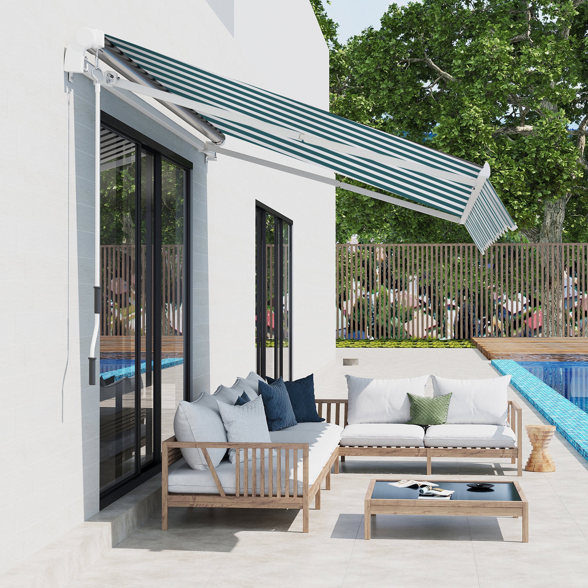 Outsunny Markise, Sonnenschutz, einfahrbar, mit Handkurbel, Metallrahmen, Polyester, weiß+grün, 3,95 x 2,45 m