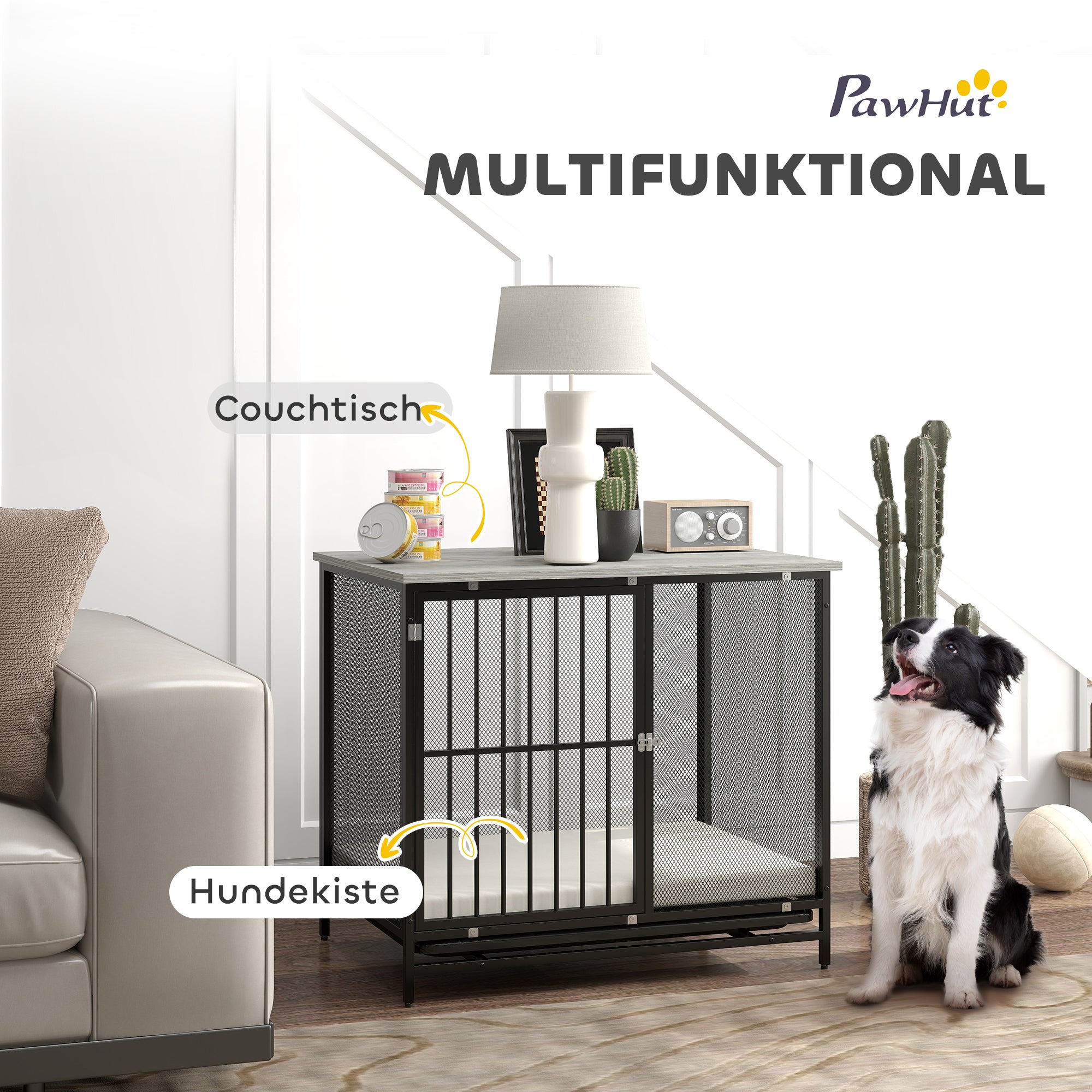 PawHut Hundebox mit gepolsterter Liegefläche, erhöhte Bodenwanne, verstellbare Füße, 80x55x71 cm, Eiche/Schwarz