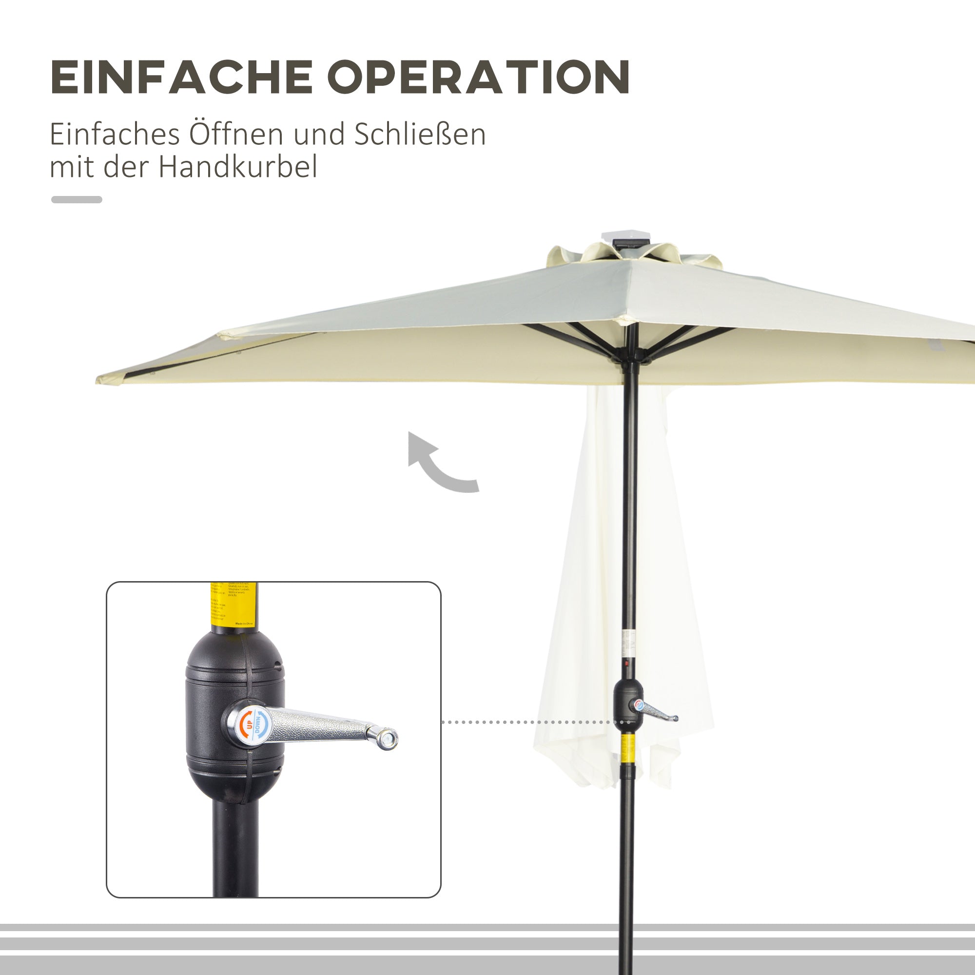 Outsunny Sonnenschirm, Terrassenschirm, halbrund, mit Solarpaneel, 20 LEDs, Handkurbel, beige, 2,70 x 1,35 x 2,40 m