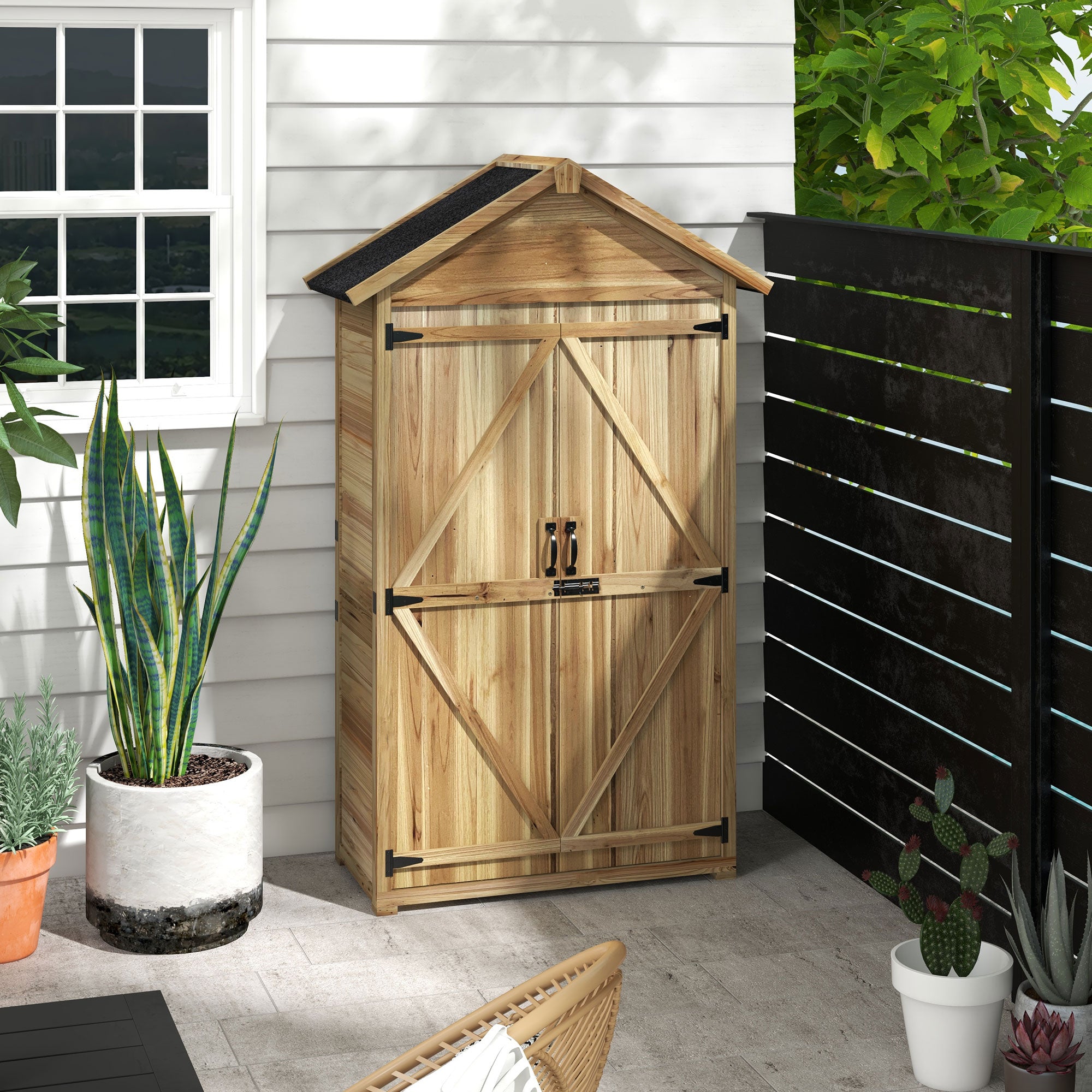 Outsunny Gartenhaus Gartenschuppen Gartenschrank, wetterbeständig, vintage Design, 102 cm x 54 cm x 177 cm, Natur