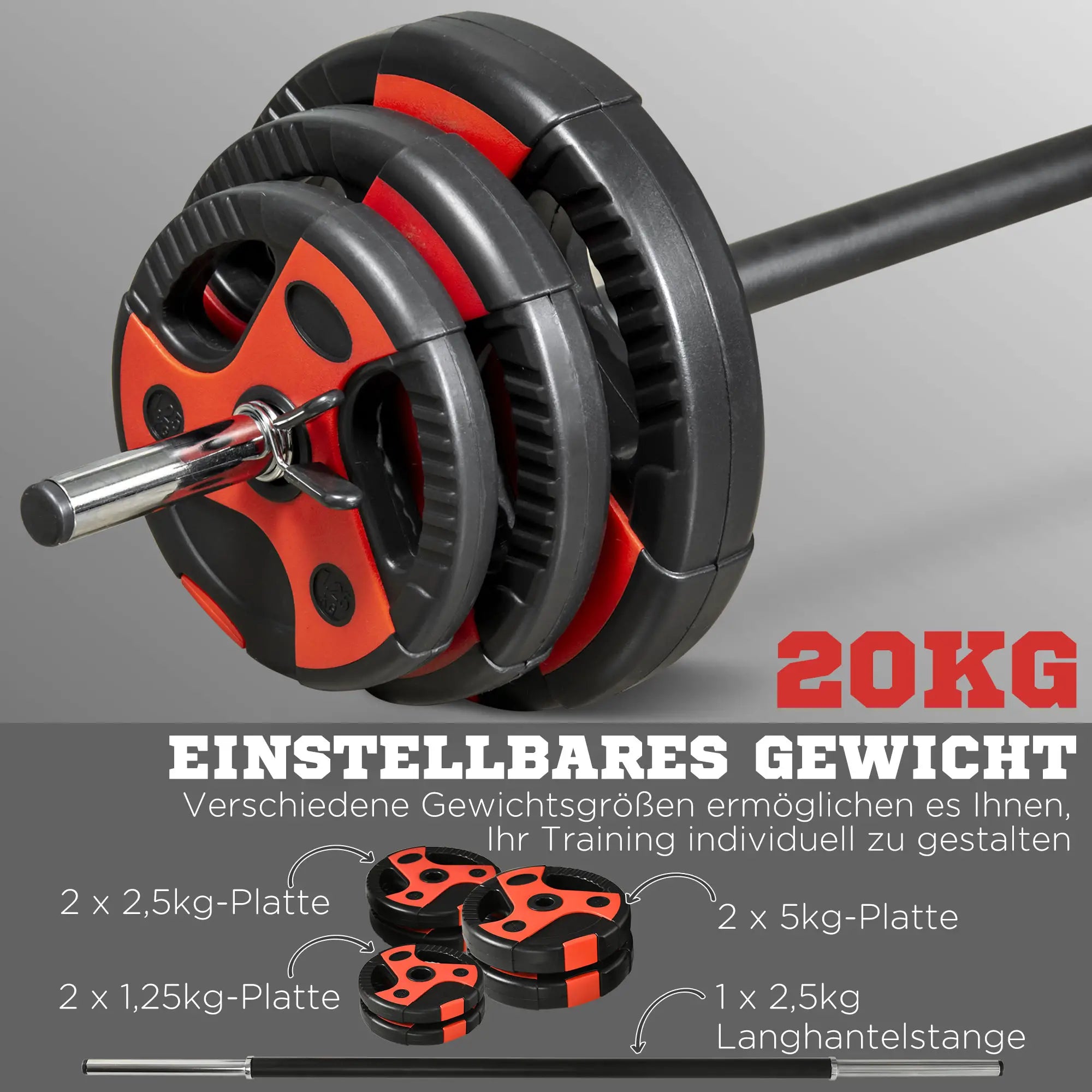 SPORTNOW Langhantel-Set 20 kg, inkl. 6 Hantelscheiben, 2 x 5kg, 2 x 2,5kg, 2 x 1,25kg, rutschfeste Stange, schwarz+rot
