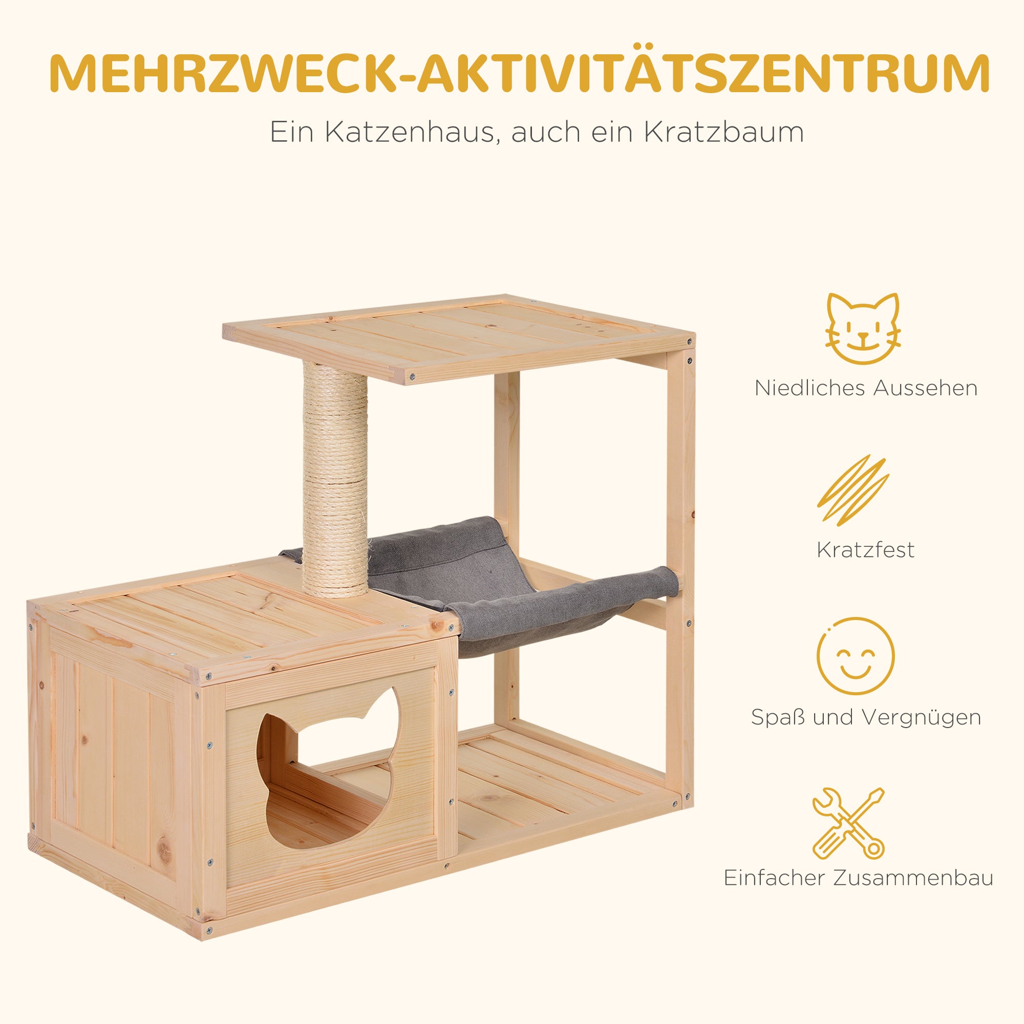 PawHut Katzenhaus mit Hängematte, Katzenkiste mit Sisalstamm, Katzenhöhle, Katzenbaum, Katzenaktivitätszentrum, Tannenholz, Natur, 70 x 35 x 60 cm