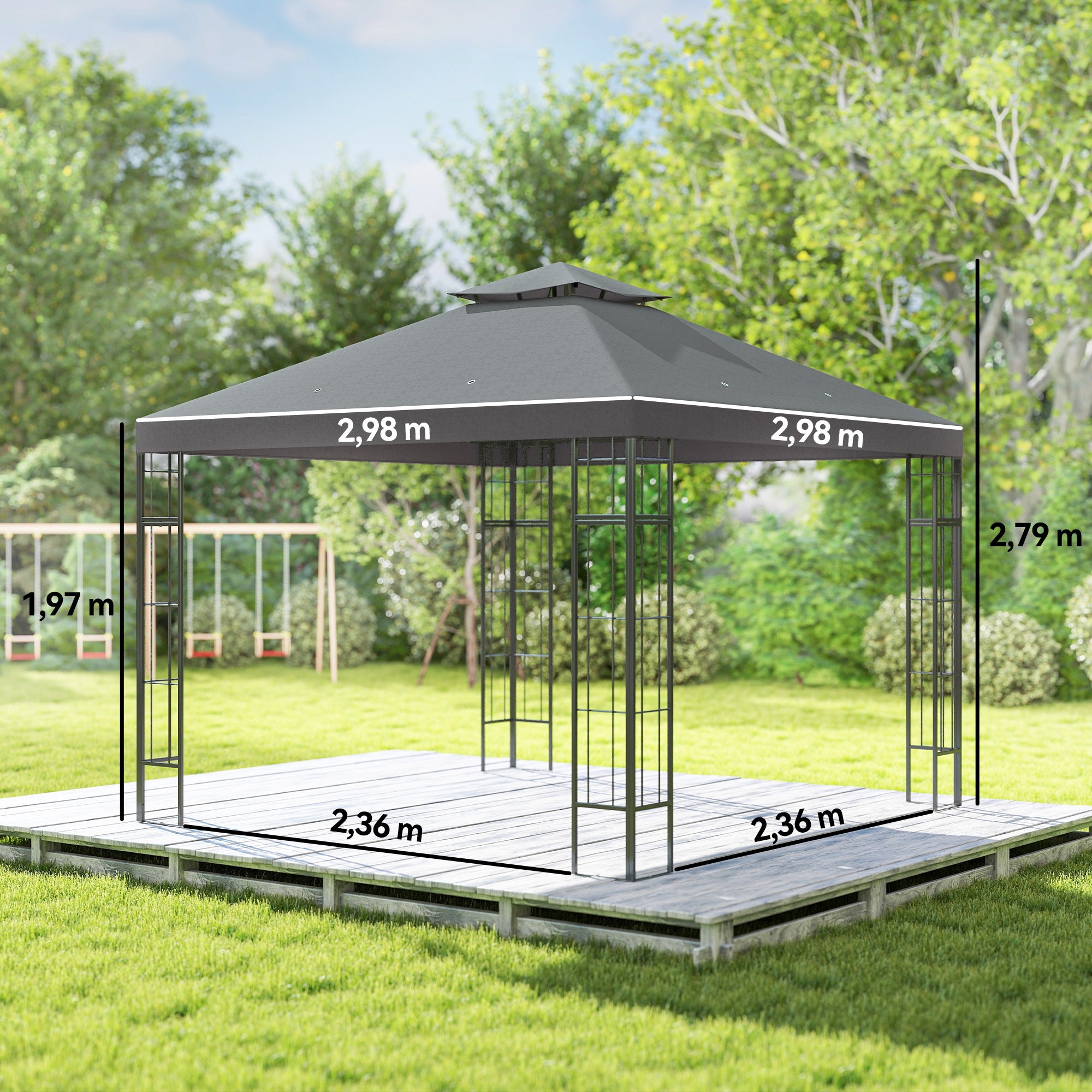 Outsunny 3 x 3 m Garten-Pavillon, 2-Stufen-Dach-Design, UV30+ Schutz, UV-beständig, Sonnenschutz, Metallrahmen, Dunkelgrau
