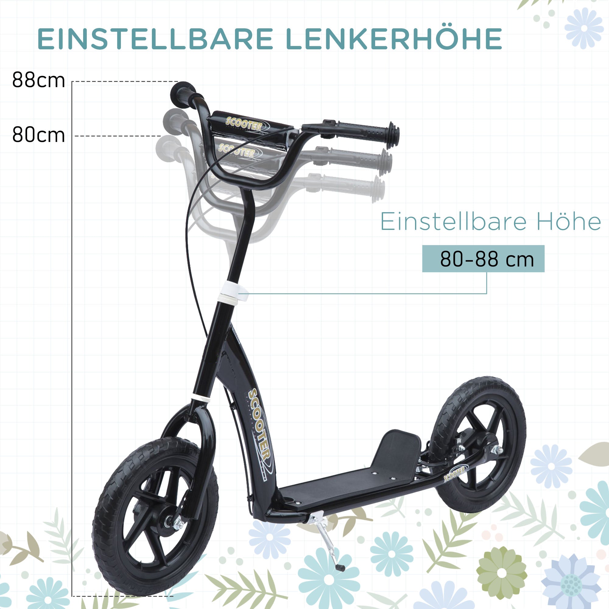 HOMCOM Kinderroller mit Hinterbremse Kickscooter 12 Zoll Tretroller Roller Scooter Cityroller für Kinder Kickboard Höhenverstellbar Stahl EVA Schwarz 120 x 52 x 80-88 cm