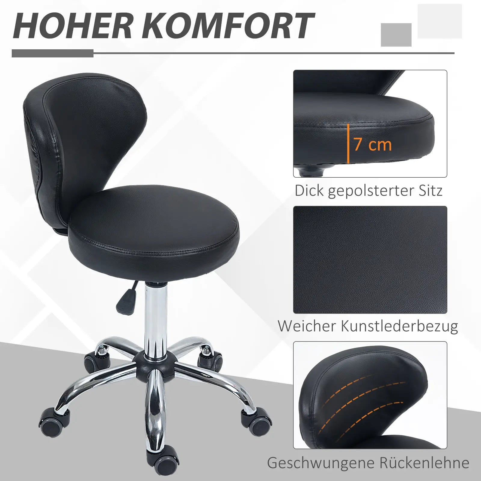 HOMCOM Rollhocker Massagehocker - drehbarer Arbeitshocker 360° - höhenverstellbare Sitzfläche 49-64H cm, ergonomische Rückenlehne
