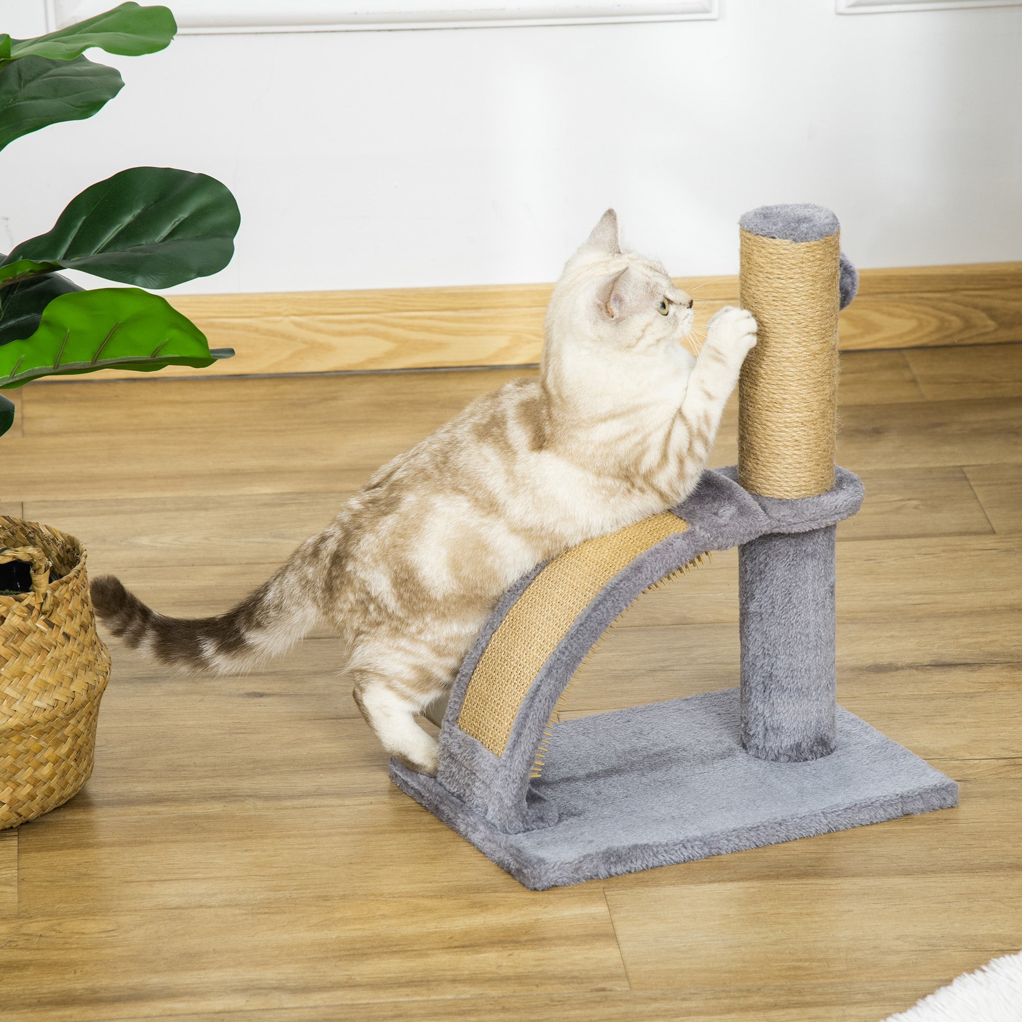 PawHut Katzenkratzbaum, Jutebespannung, hängende Kugel mit Glocke, Kratzbrett, 34L x 24B x 43H cm, Grau