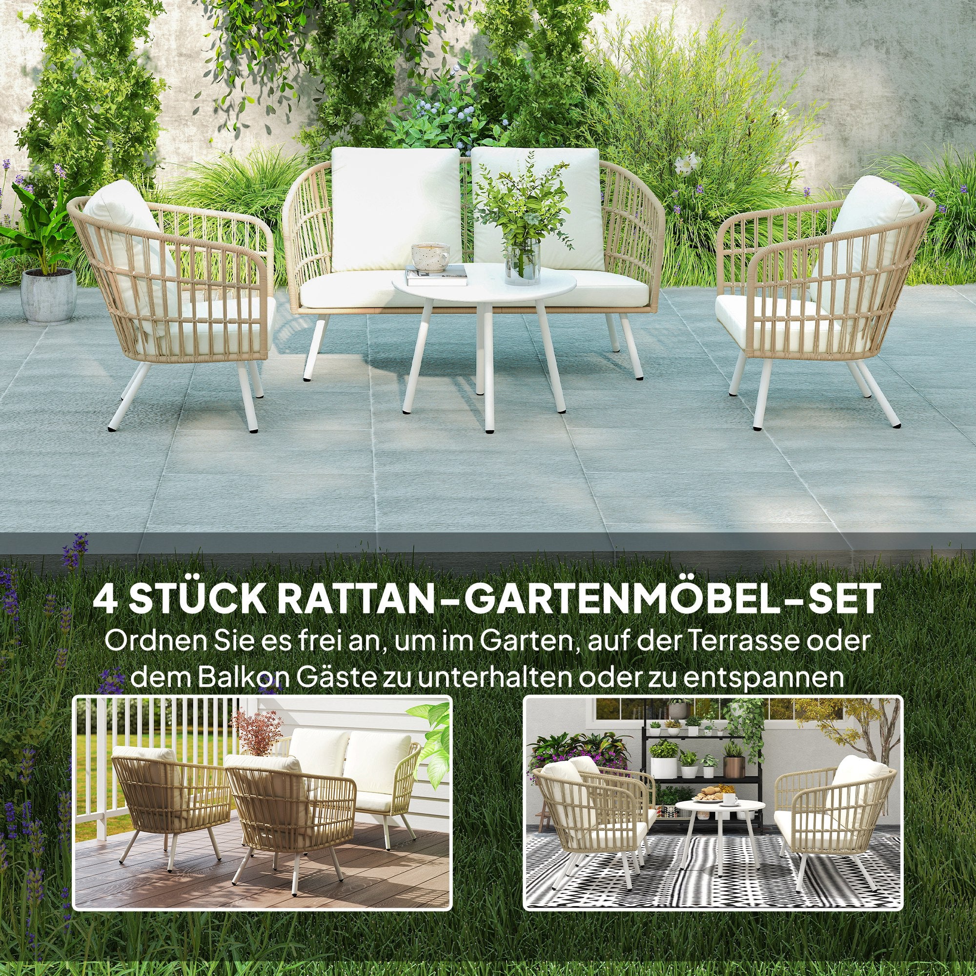 Outsunny Gartenmöbel Set aus Polyrattan Lounge-Set mit 2er Sofa Sessel Tisch Kissen wetterfest für 4 Personen Khaki