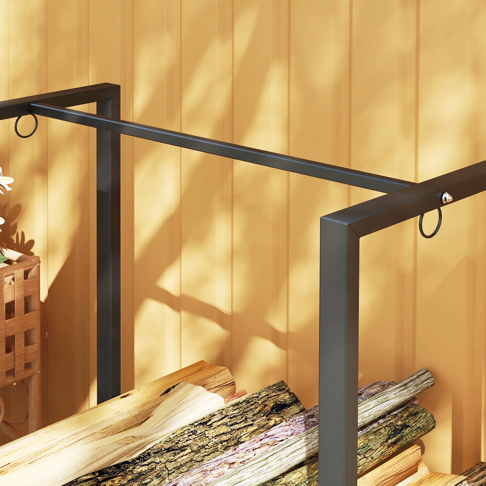 Outsunny Feuerholzgestell, zwei Abschnitte, rostfreier Stahlrahmen, bis 300 kg, 240 x 32 x 115 cm, Schwarz