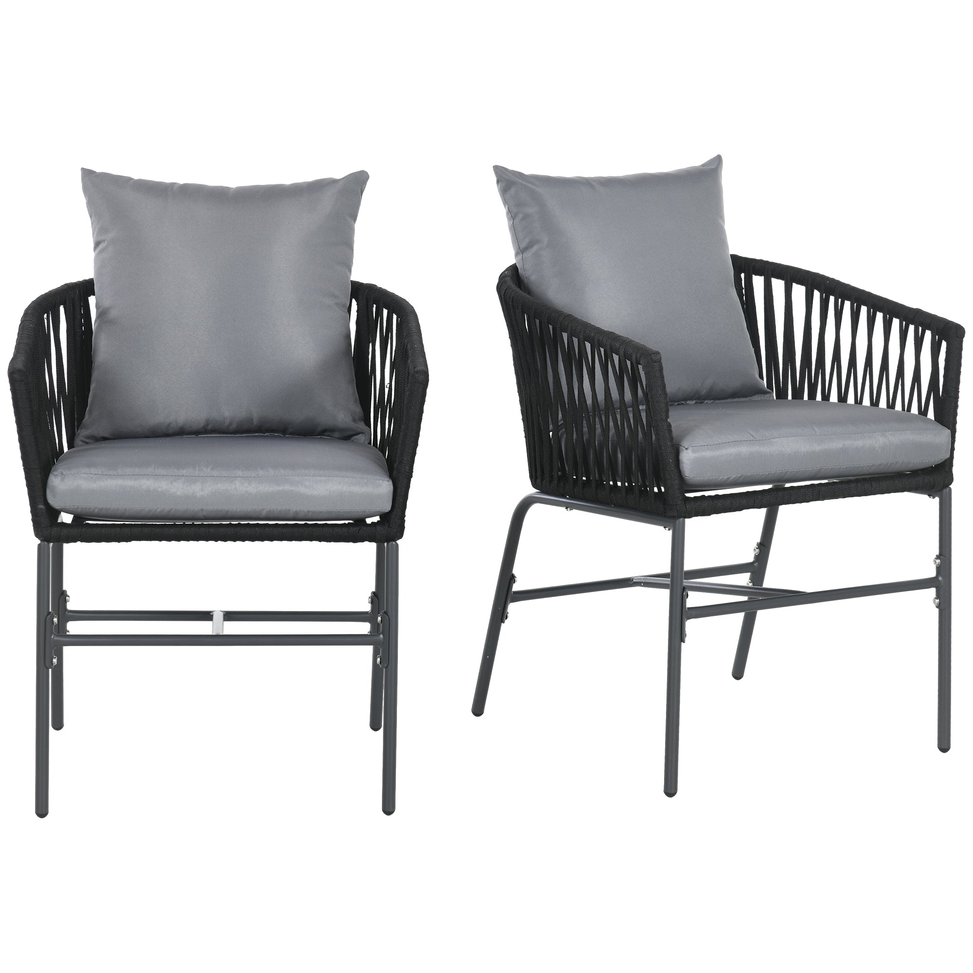 Outsunny Outdoor Stühle, 2-er Set, Boho-Design, Sitz- und Rückenkissen, bequeme Sitzschale, Metallrahmen, Schwarz
