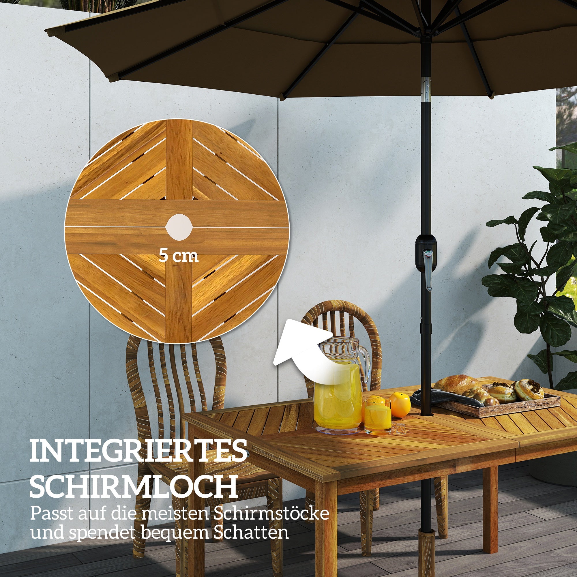 Outsunny Gartentisch 150x85cm, Wetterfest Balkontisch aus Holz, 6 Personen mit Schirmloch, Lamellendesign Naturholz